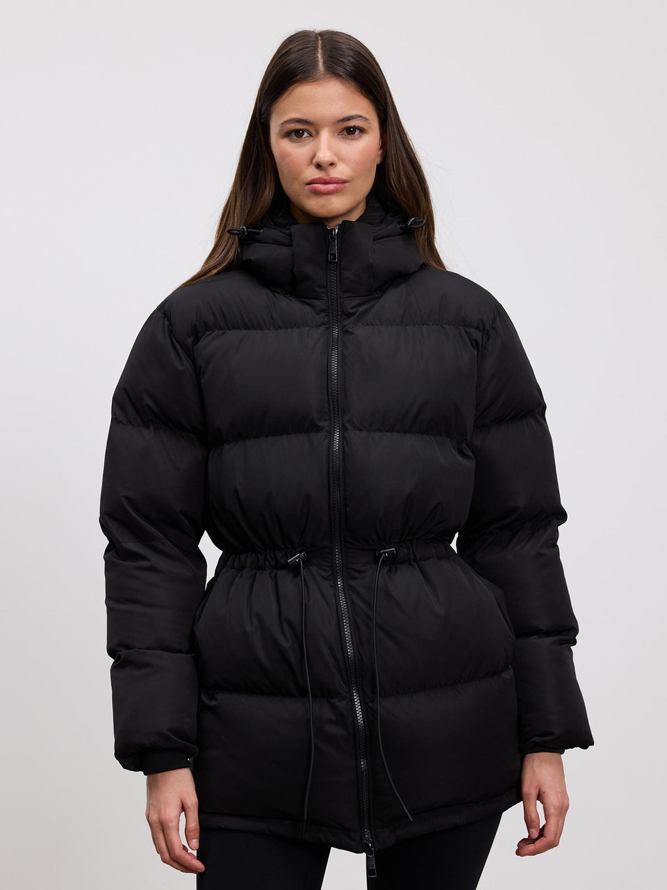 Womens Tie Waist Puffer Jacket in Black