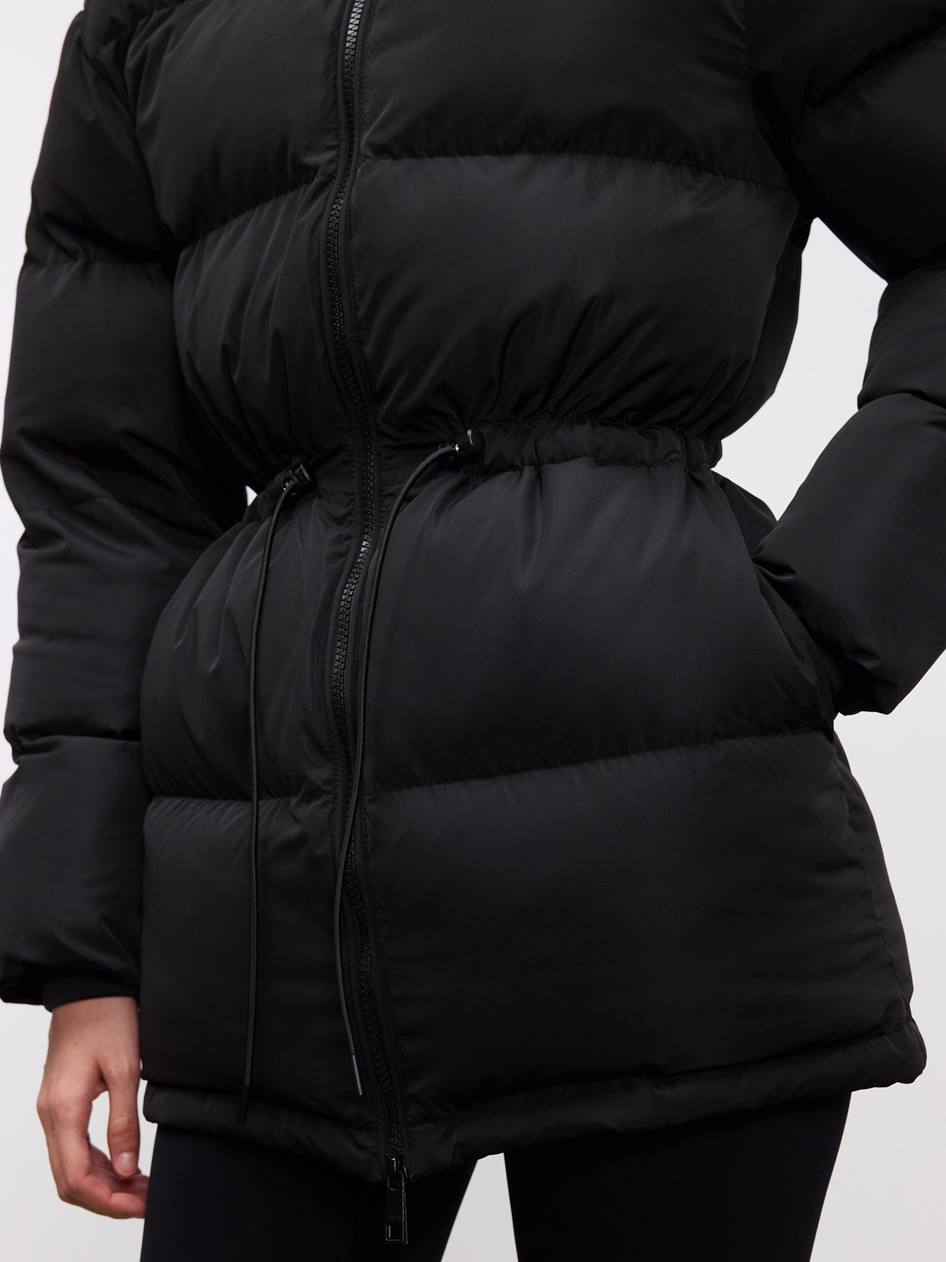 Womens Tie Waist Puffer Jacket in Black