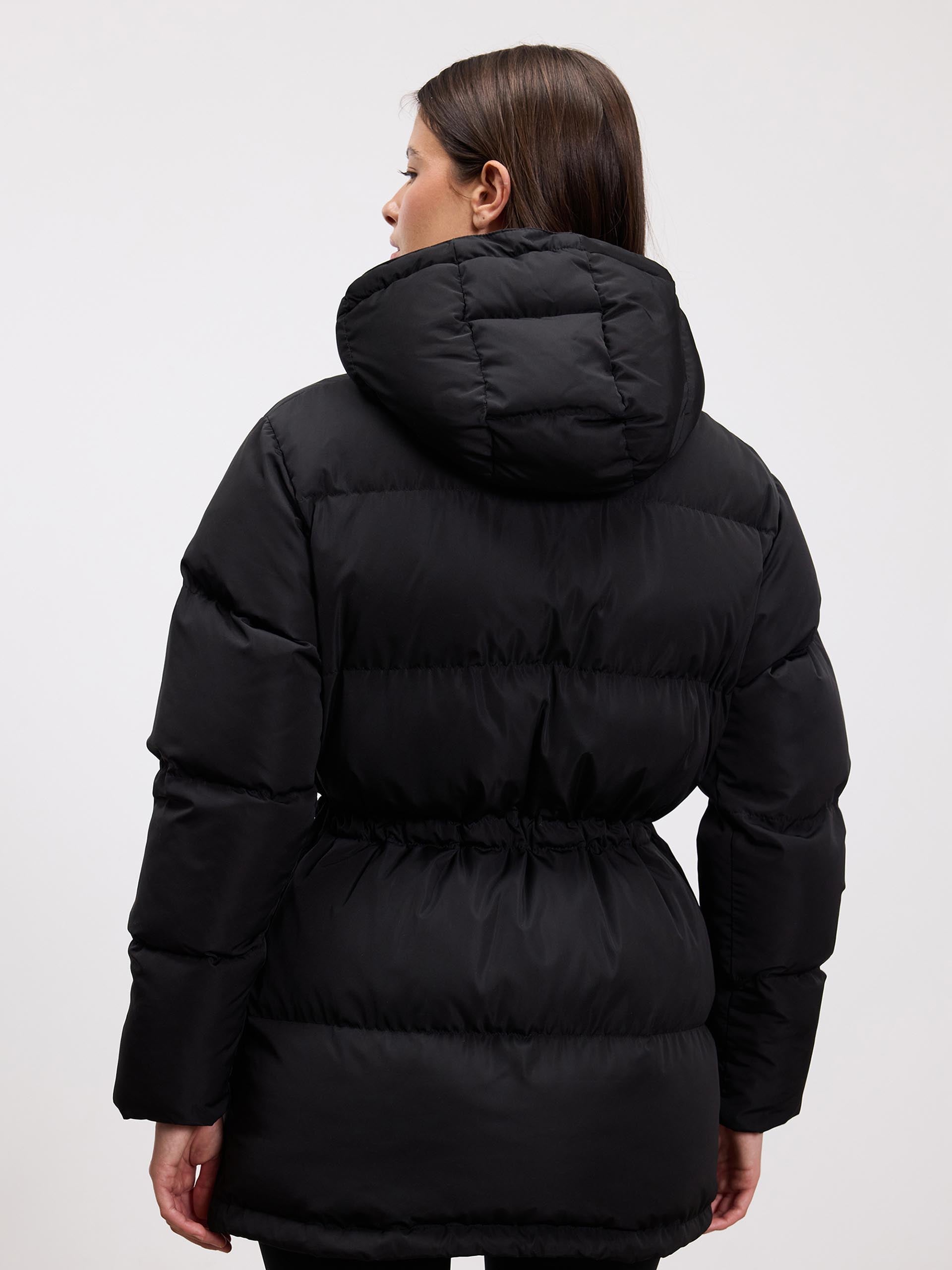 Womens Tie Waist Puffer Jacket in Black