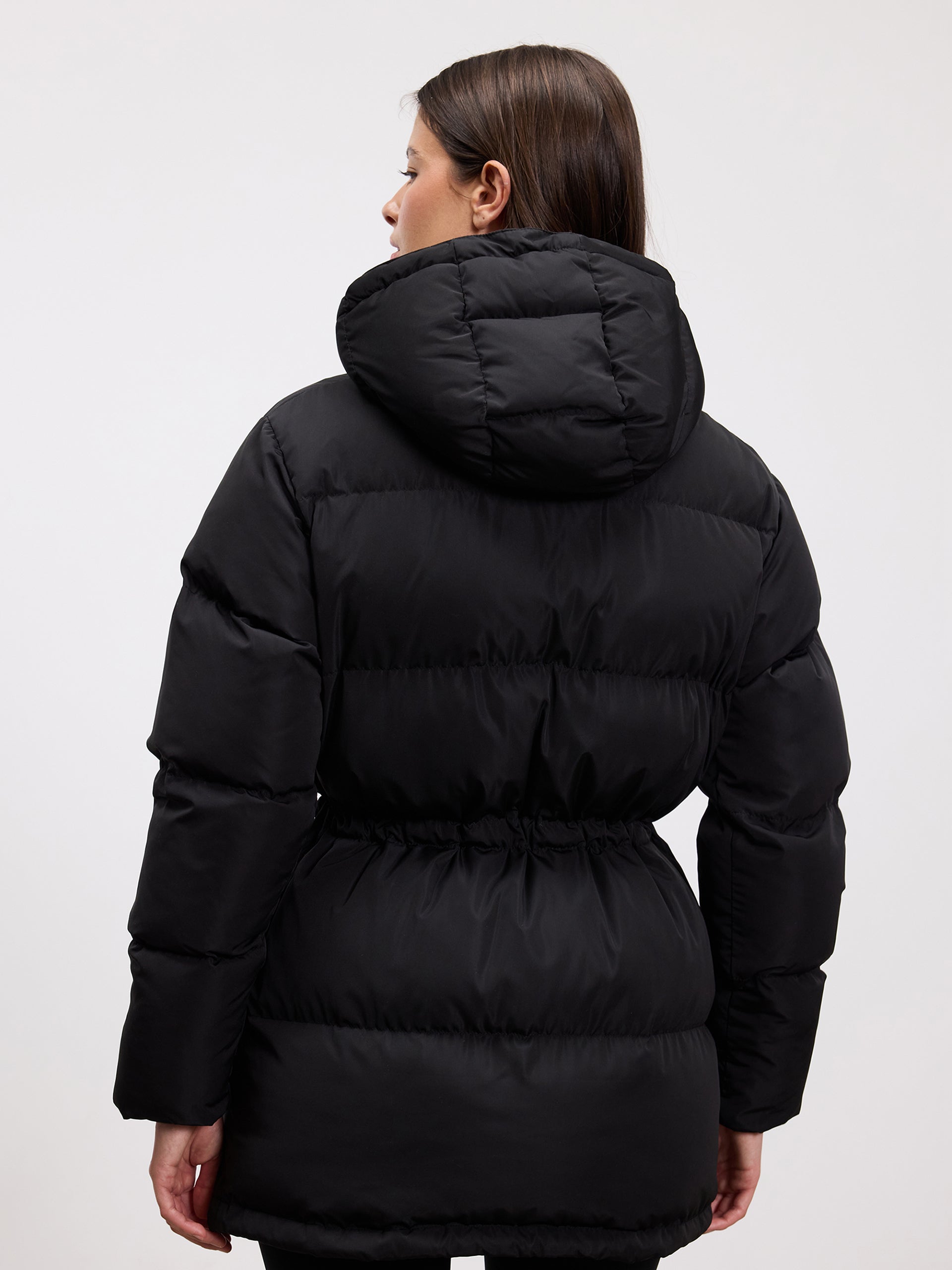 Womens Tie Waist Puffer Jacket in Black