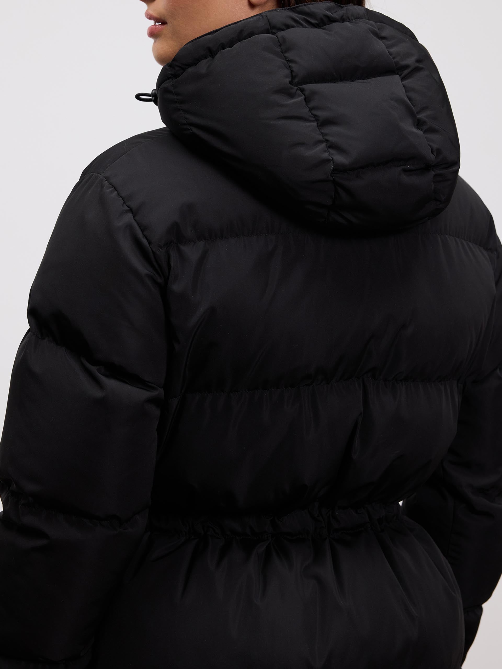 Womens Tie Waist Puffer Jacket in Black