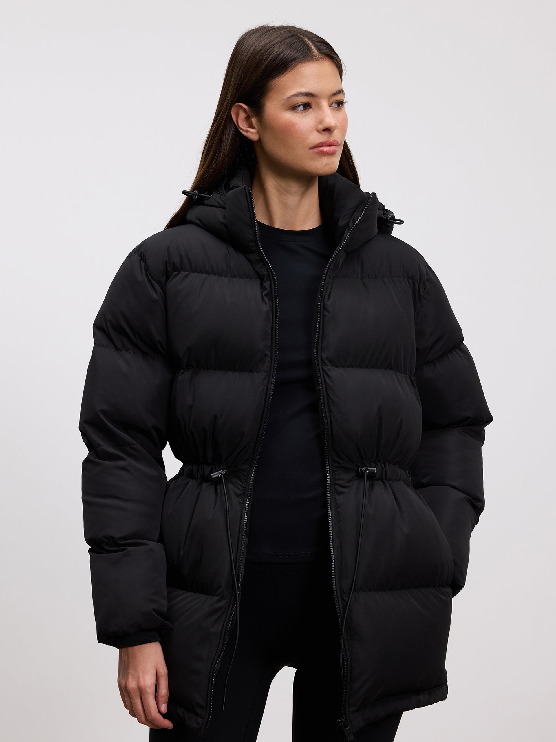 Womens Tie Waist Puffer Jacket in Black