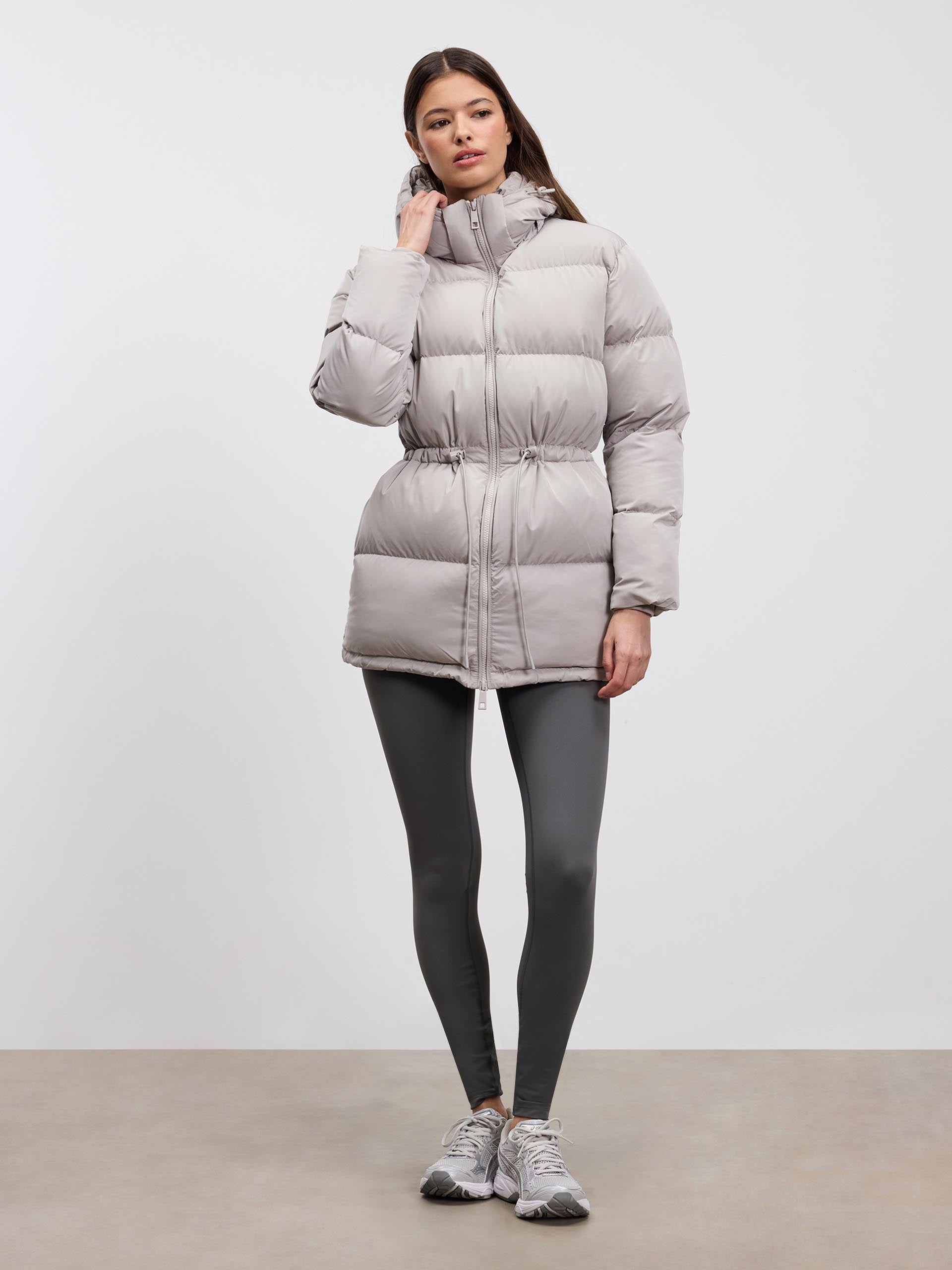 Womens Tie Waist Puffer Jacket in Stone