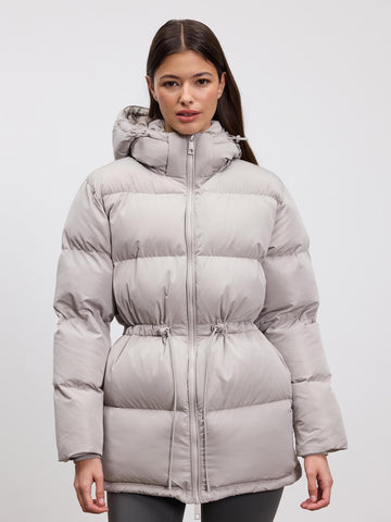 Womens Tie Waist Puffer Jacket in Stone