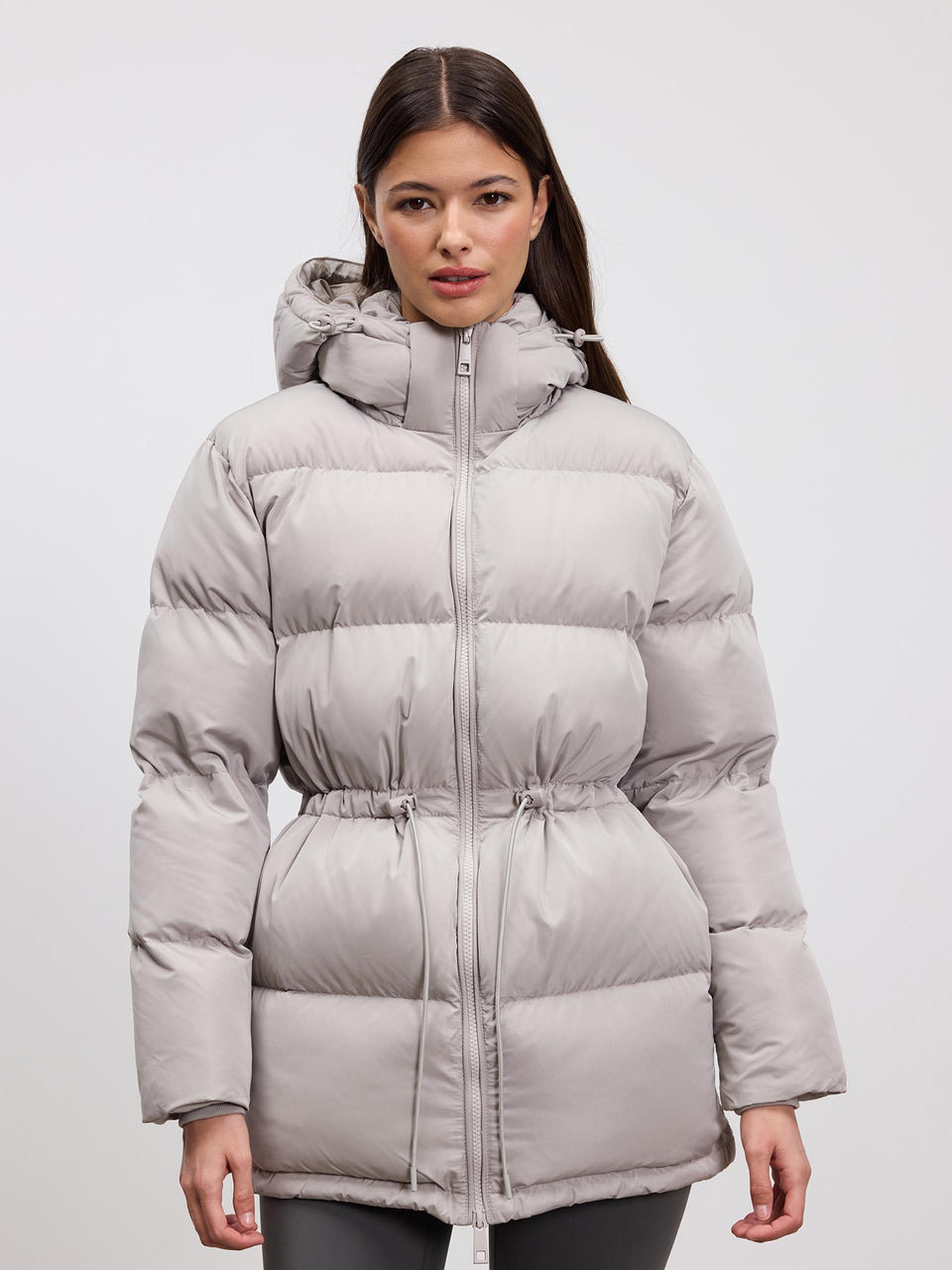 Womens Tie Waist Puffer Jacket in Stone