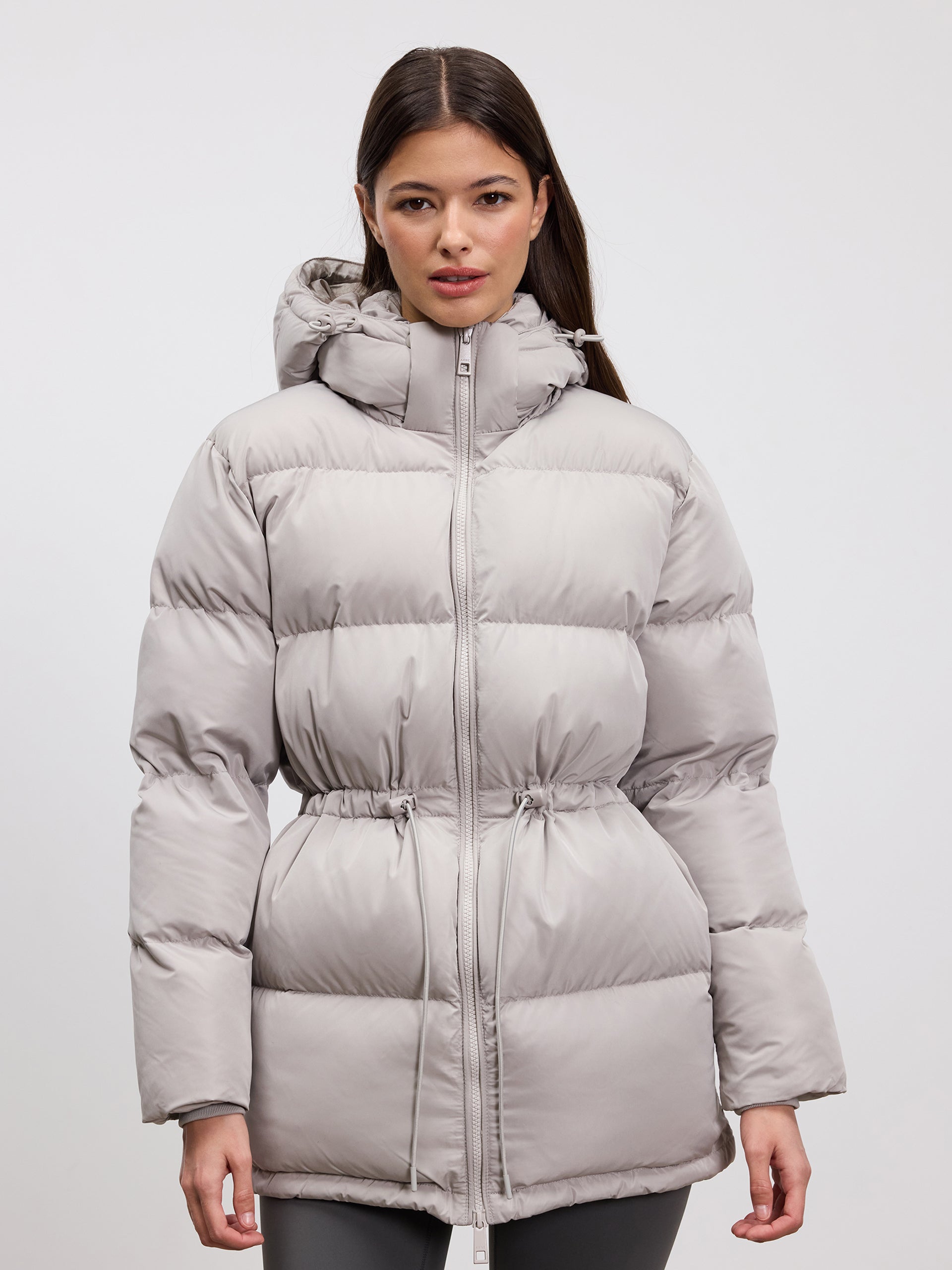 Womens Tie Waist Puffer Jacket in Stone