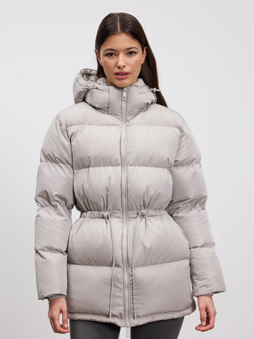Womens Tie Waist Puffer Jacket in Stone