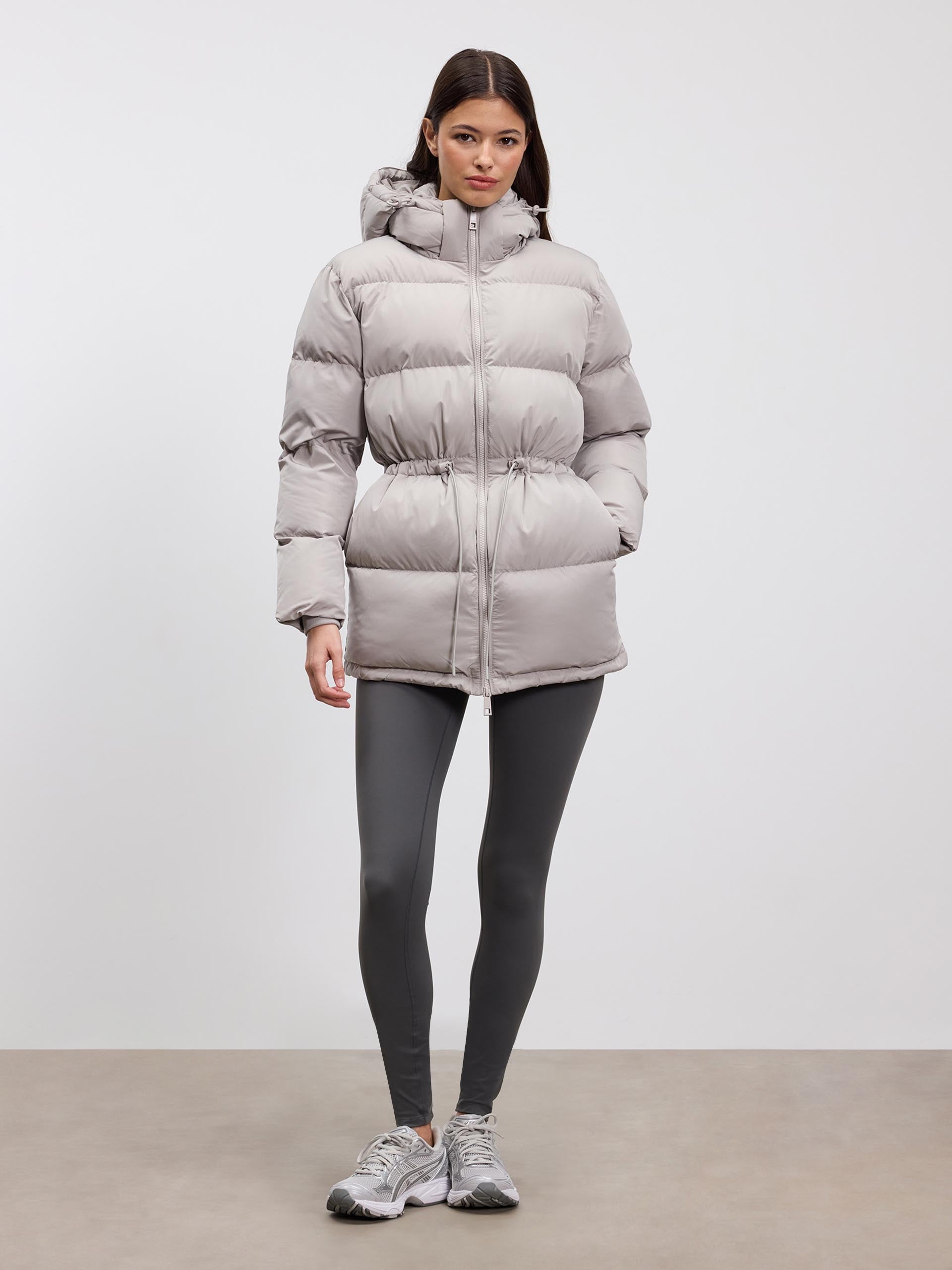 Womens Tie Waist Puffer Jacket in Stone