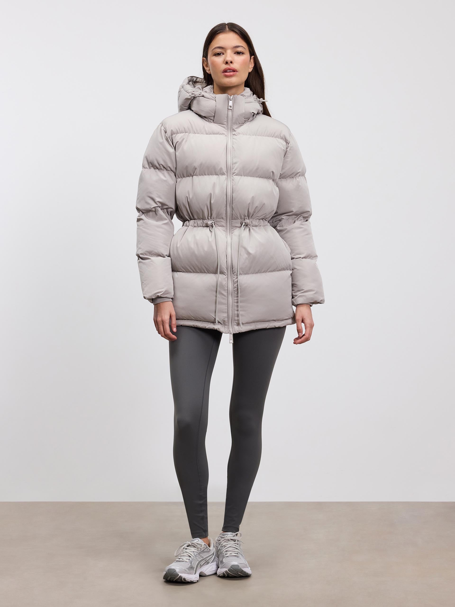Womens Tie Waist Puffer Jacket in Stone