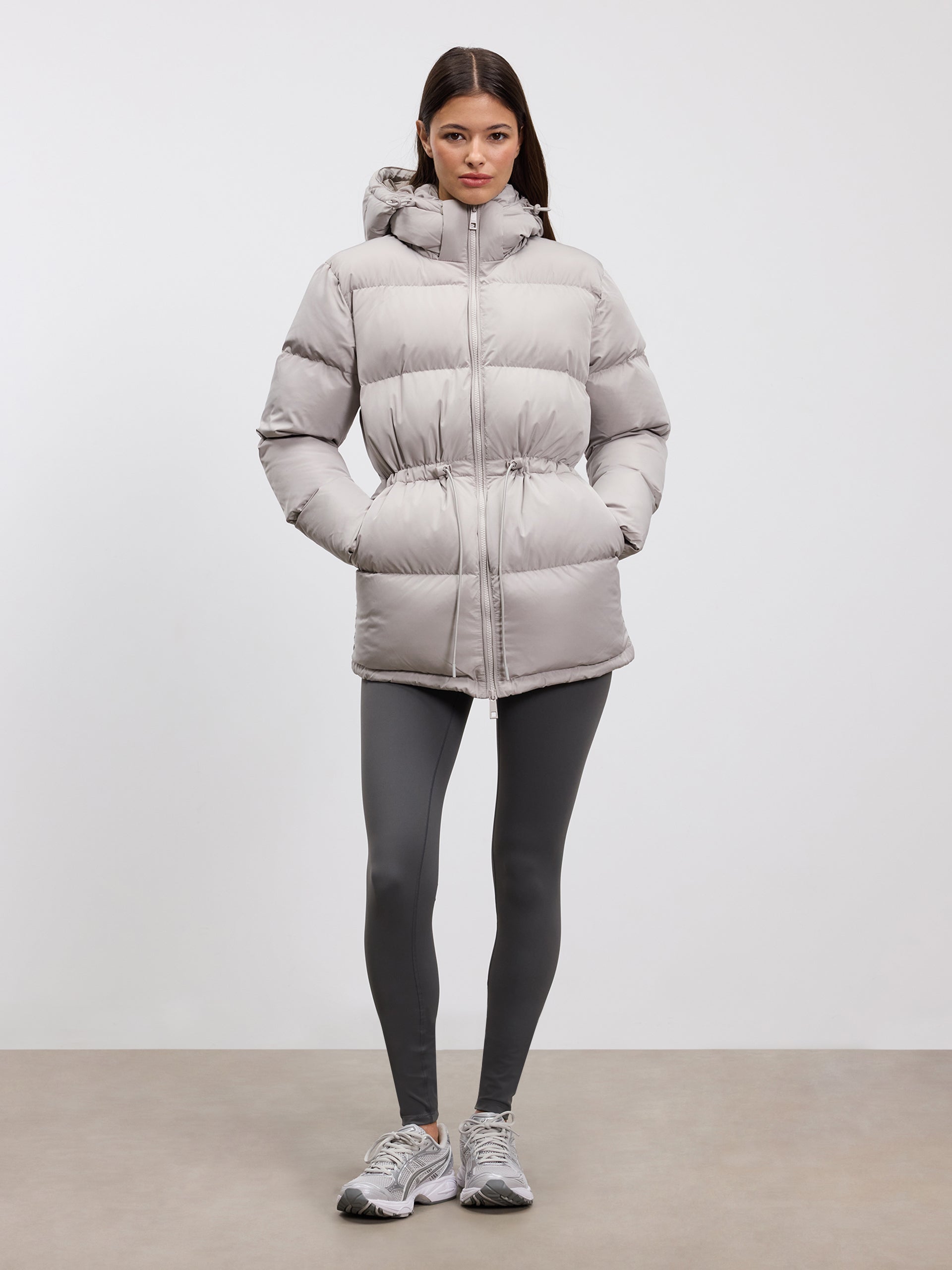 Womens Tie Waist Puffer Jacket in Stone