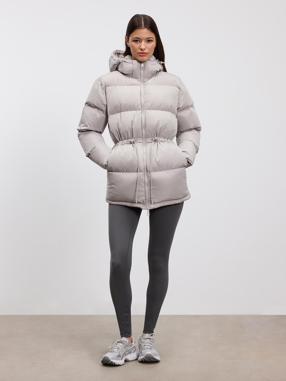 Womens Tie Waist Puffer Jacket in Stone
