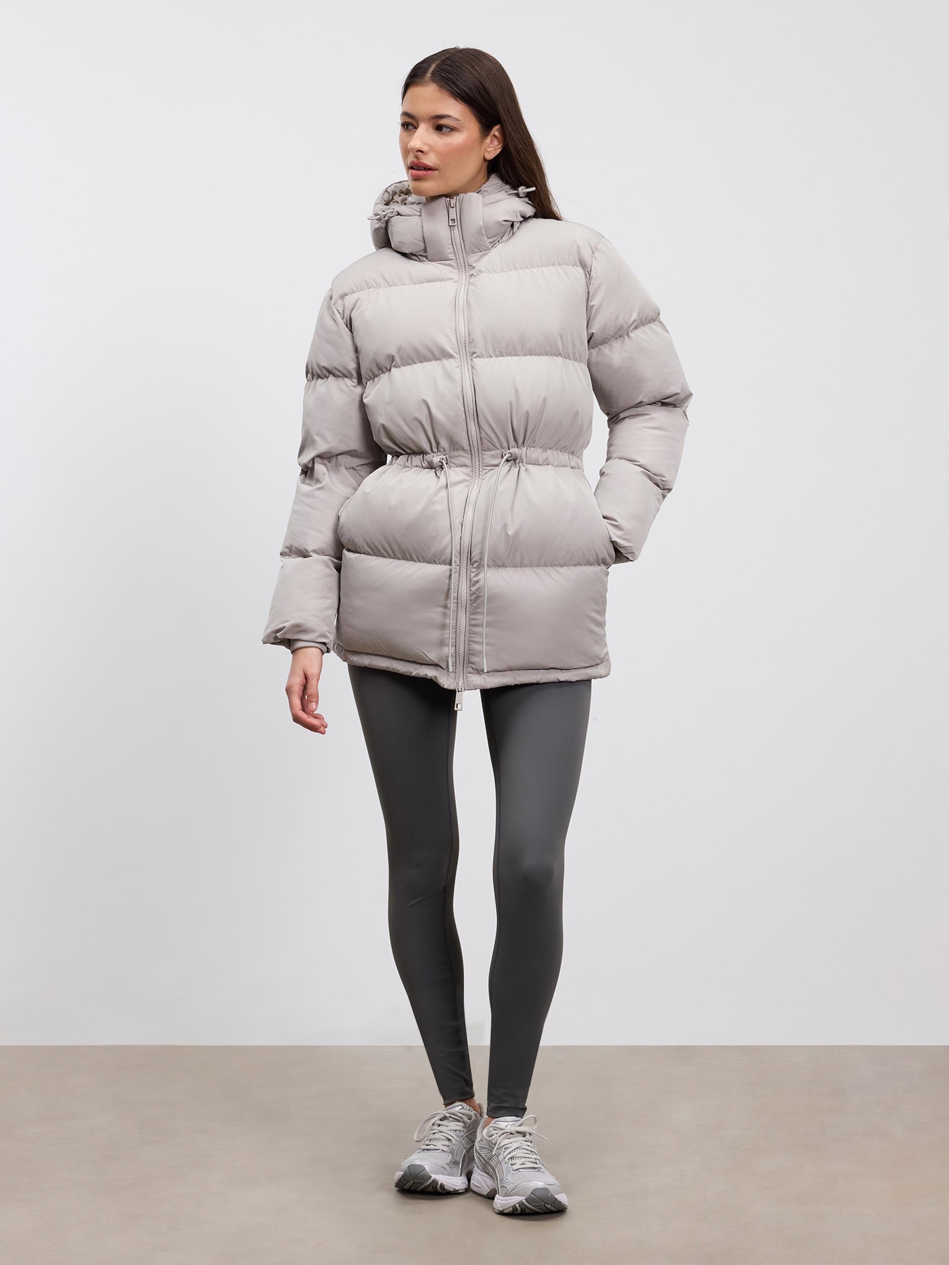 Womens Tie Waist Puffer Jacket in Stone