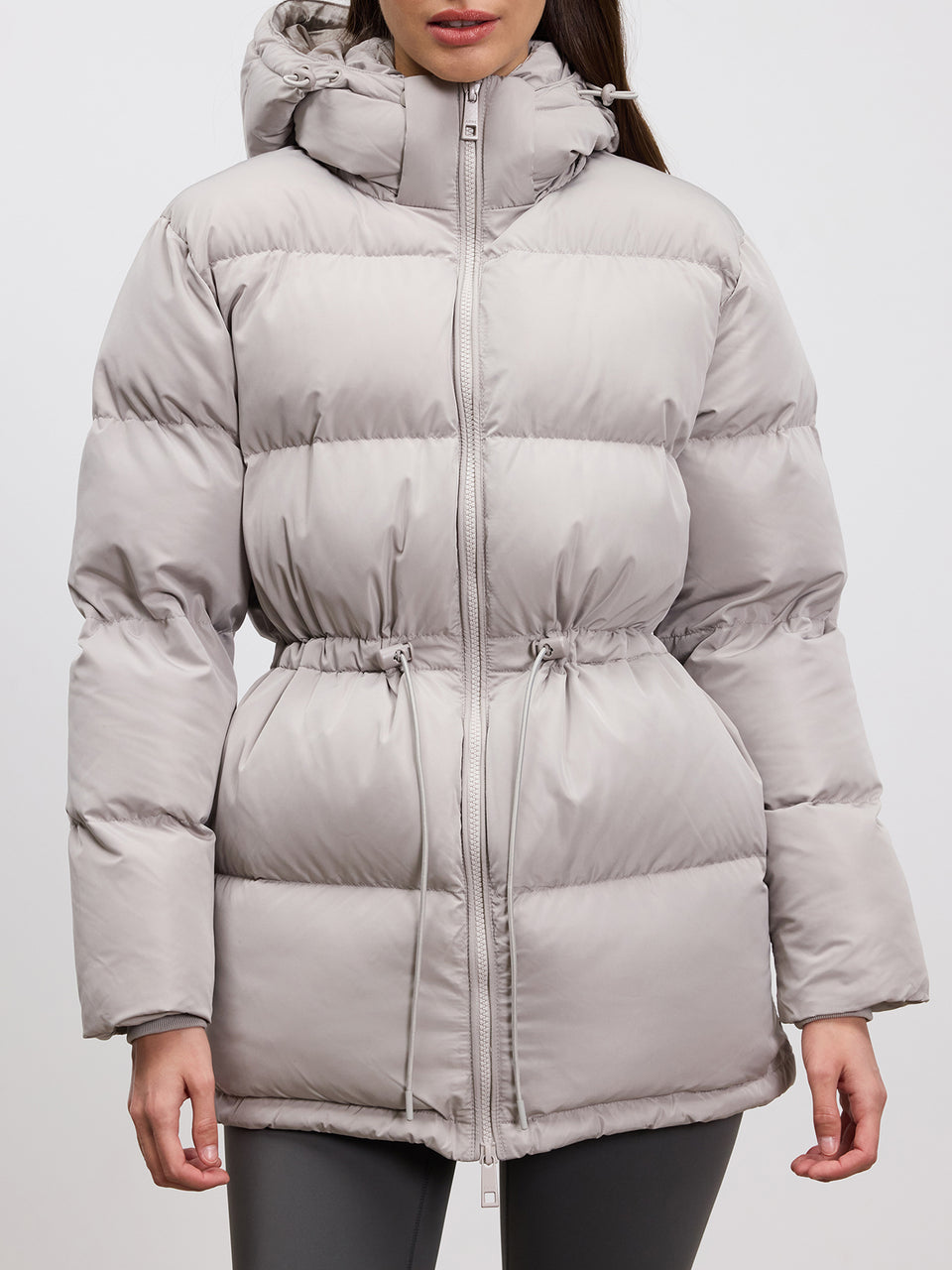 Womens Tie Waist Puffer Jacket in Stone