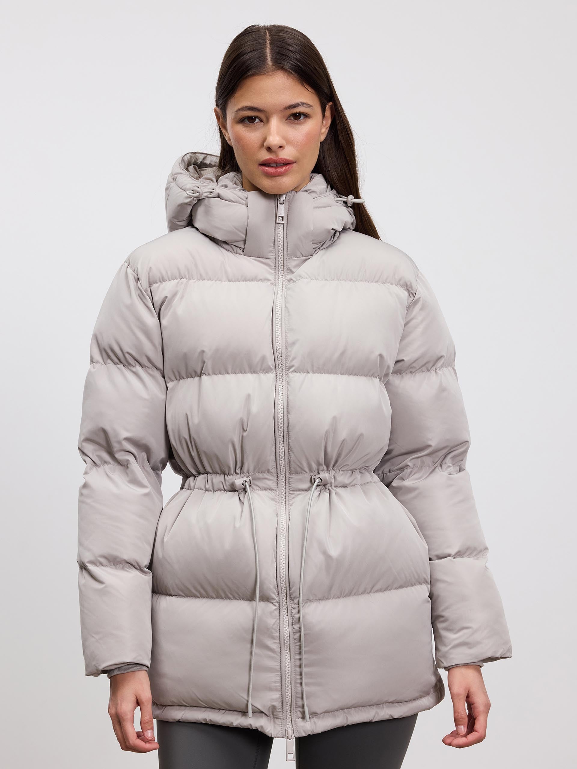 Womens Tie Waist Puffer Jacket in Stone