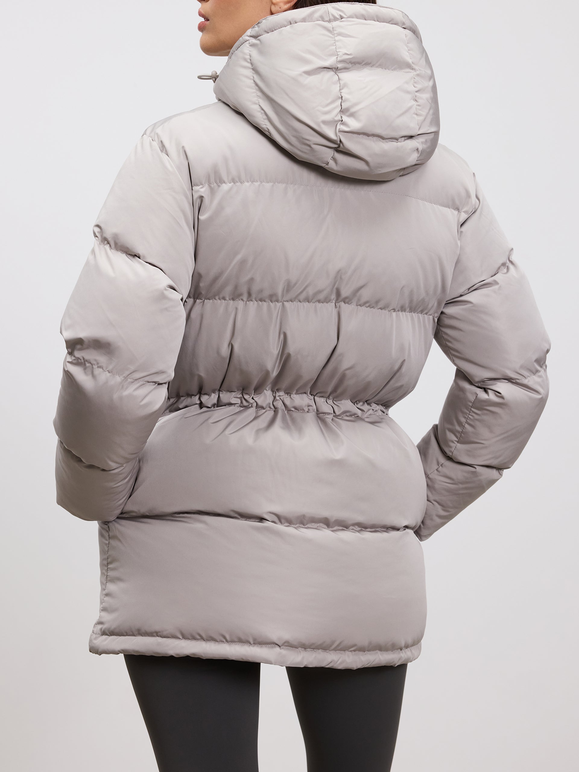 Womens Tie Waist Puffer Jacket in Stone