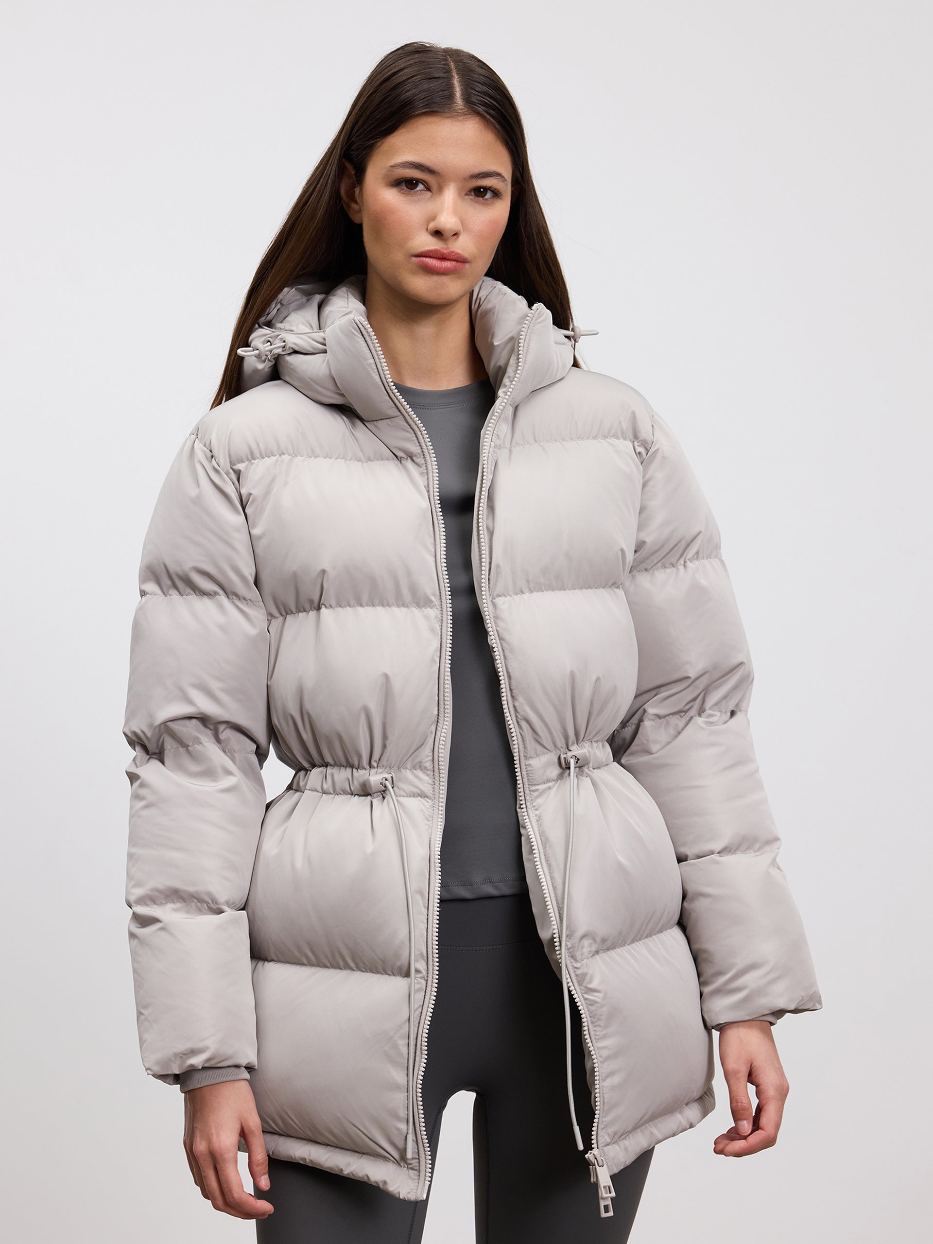 Womens Tie Waist Puffer Jacket in Stone