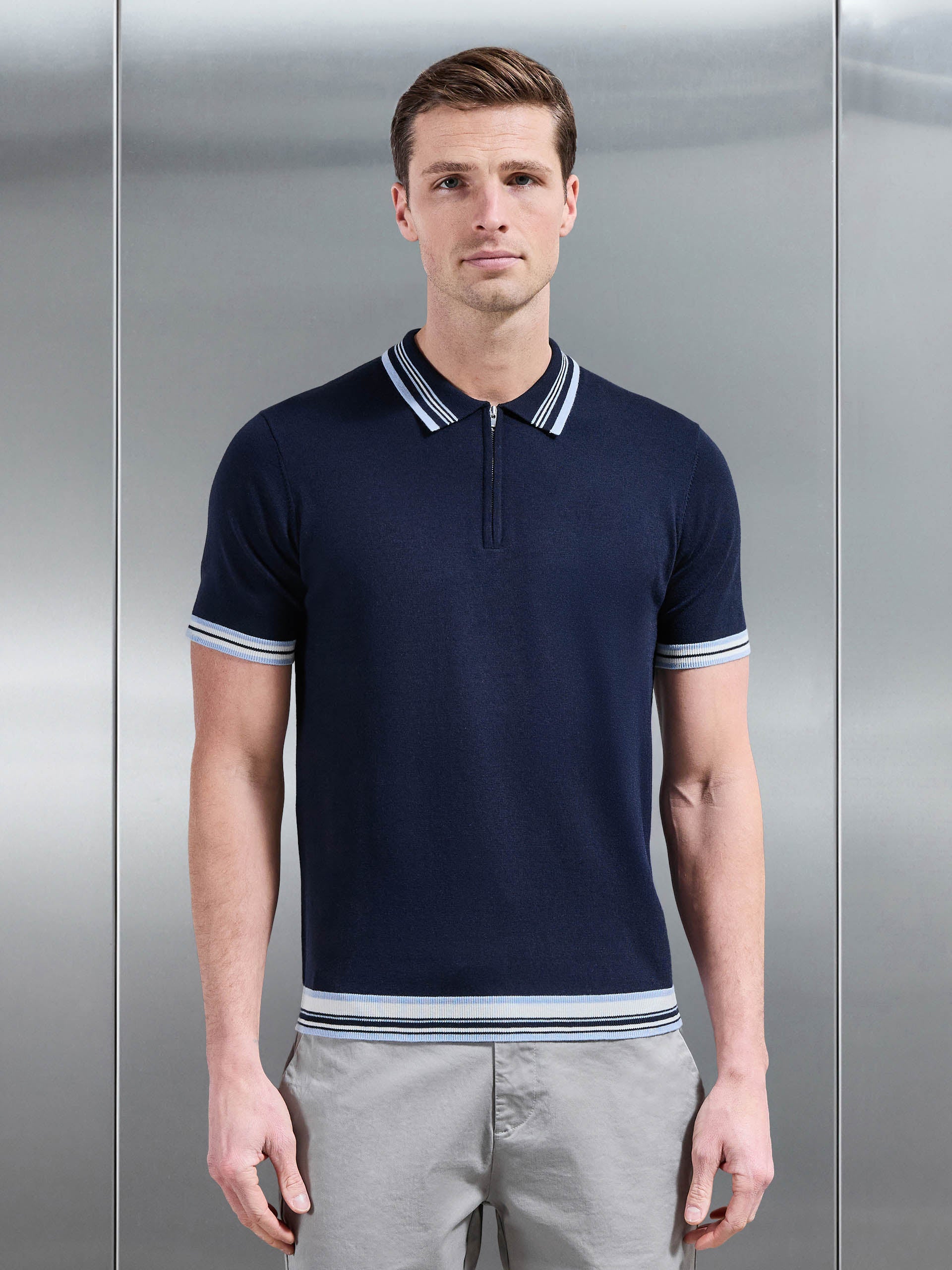 Tipped Knitted Polo Shirt in Navy