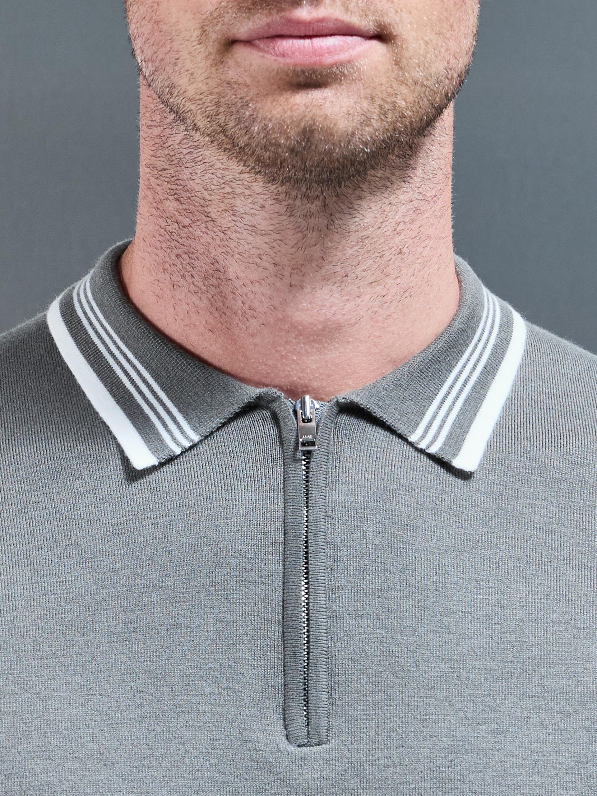 Tipped Knitted Polo Shirt in Sage