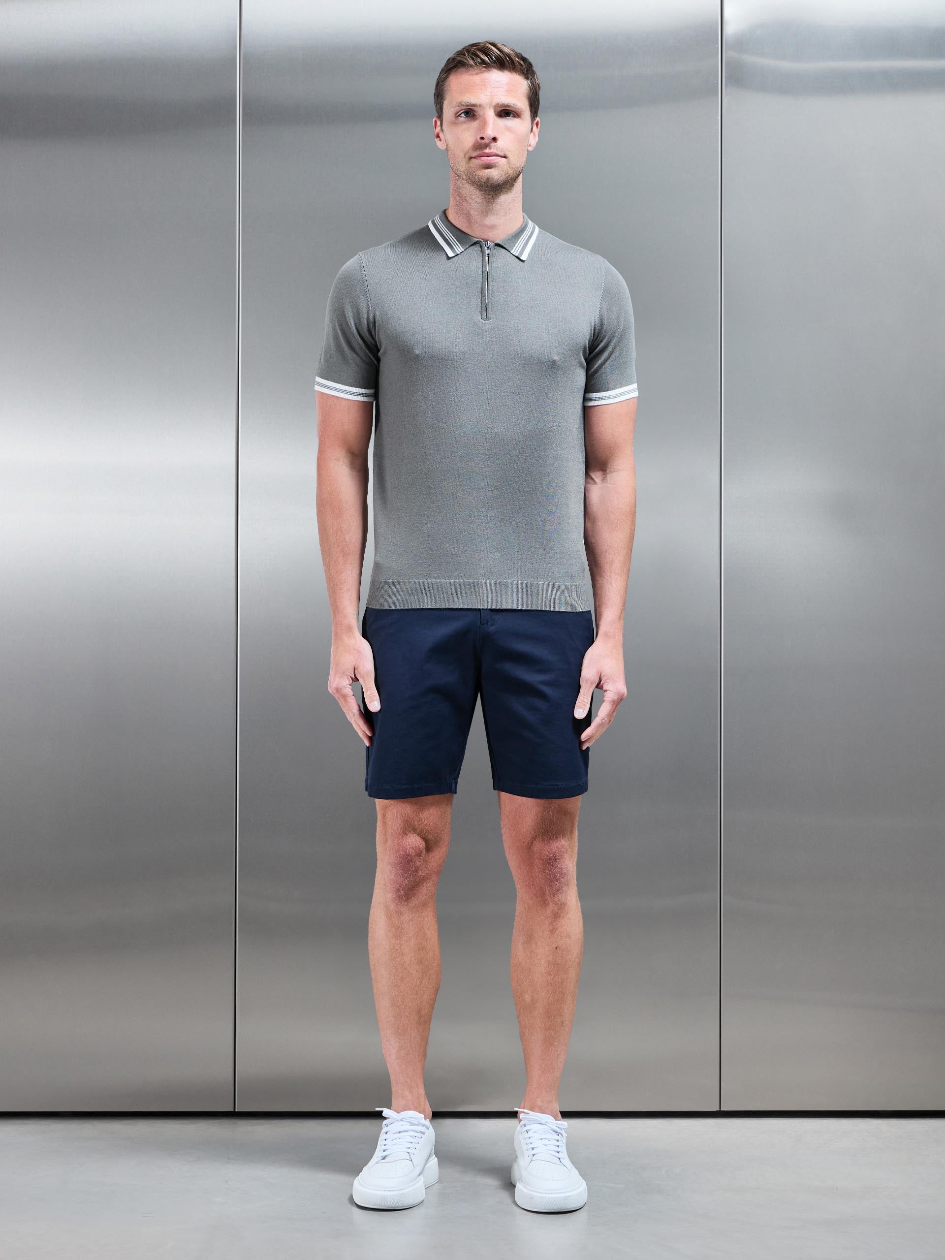 Tipped Knitted Polo Shirt in Sage