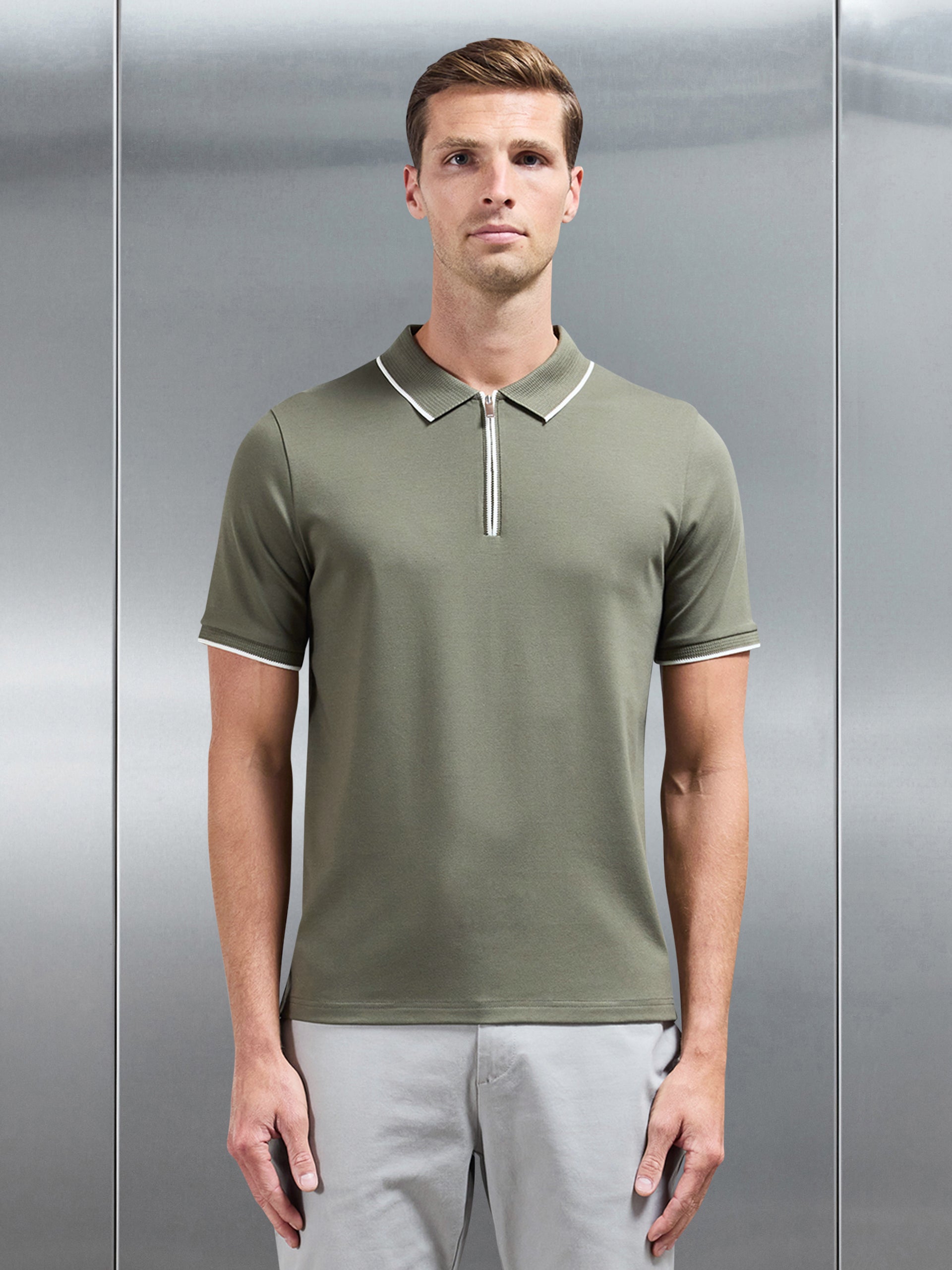 Tipped Mercerised Interlock Zip Polo Shirt in Sage
