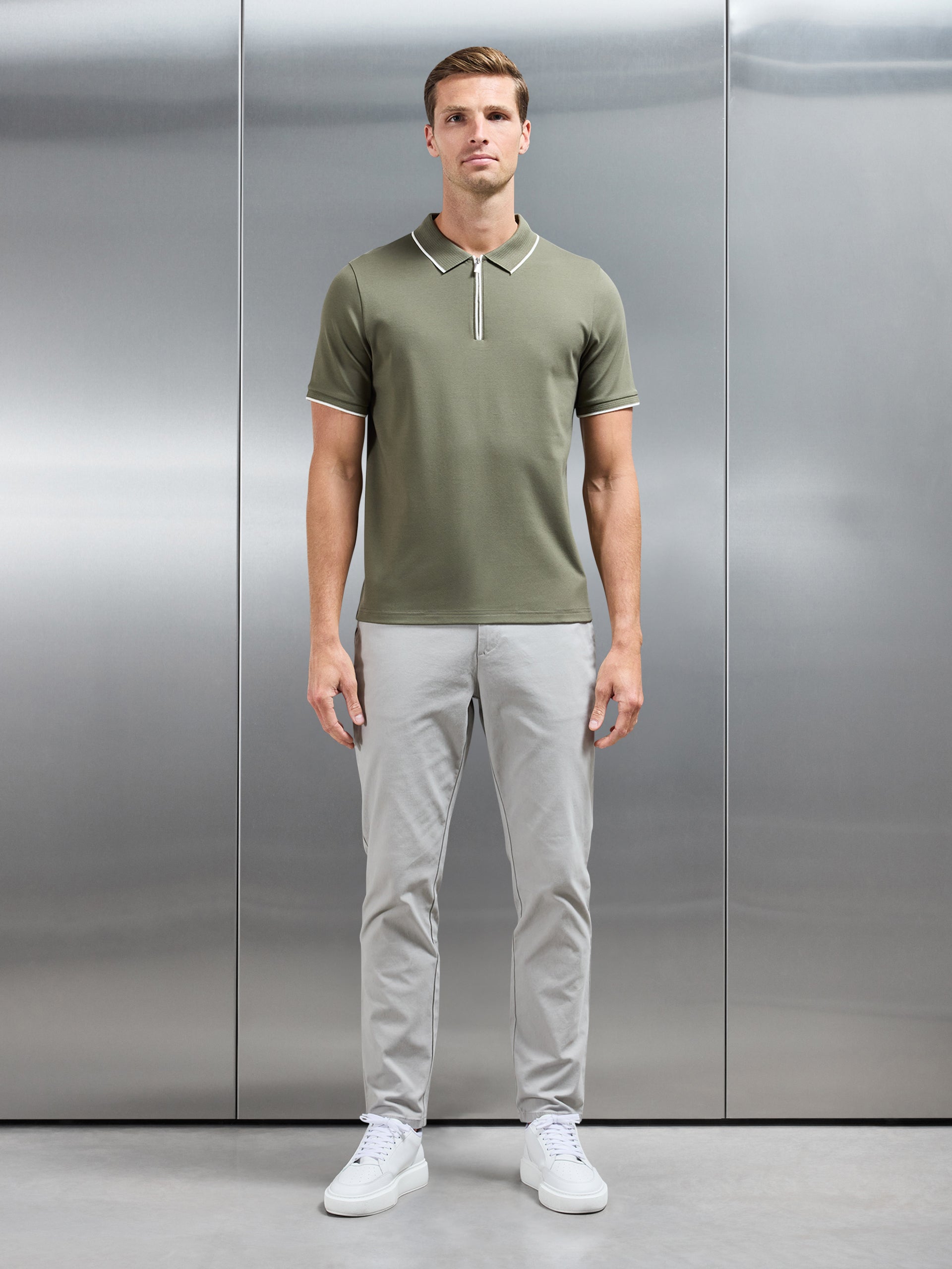 Tipped Mercerised Interlock Zip Polo Shirt in Sage