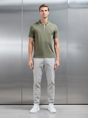 Tipped Mercerised Interlock Zip Polo Shirt in Sage