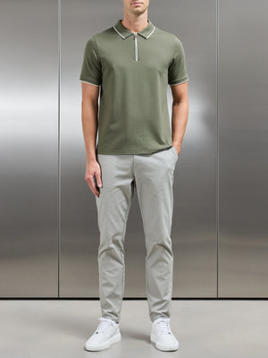 Tipped Mercerised Interlock Zip Polo Shirt in Sage