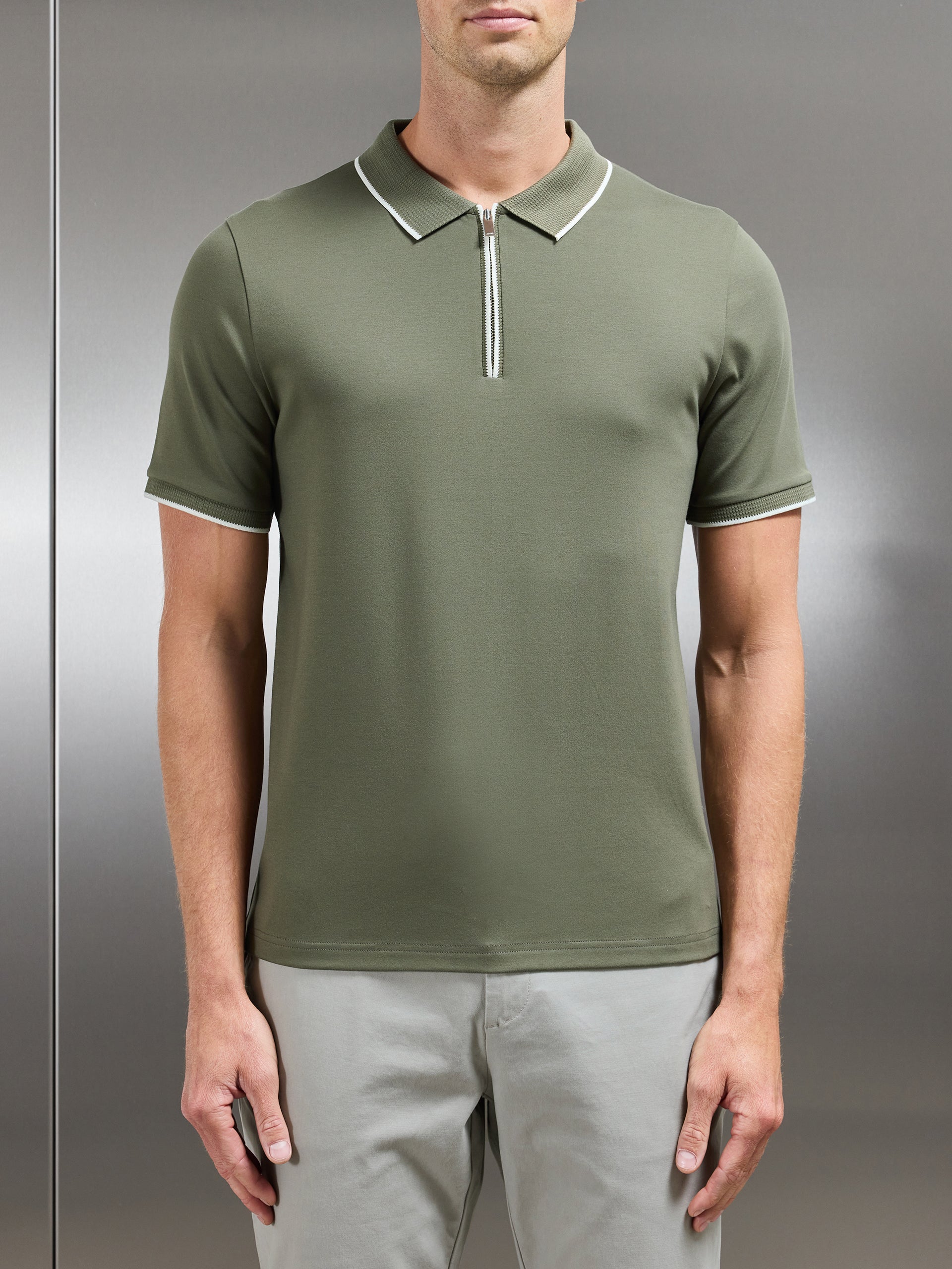 Tipped Mercerised Interlock Zip Polo Shirt in Sage