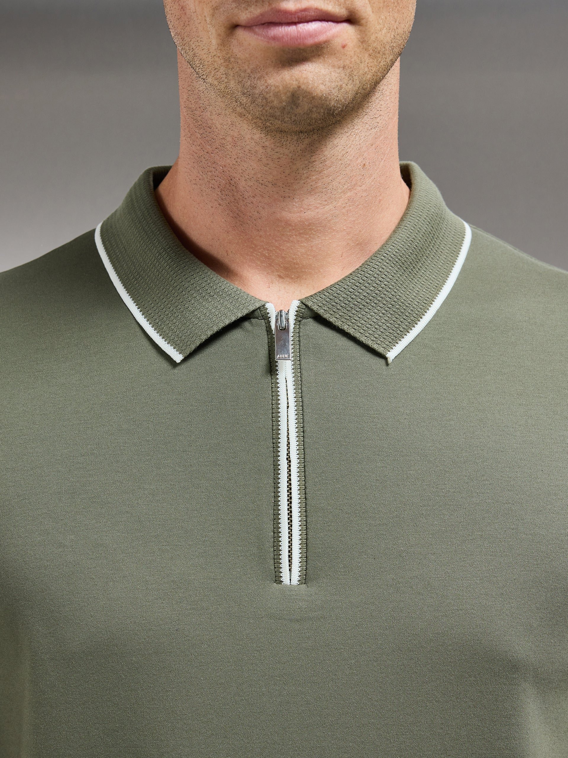 Tipped Mercerised Interlock Zip Polo Shirt in Sage