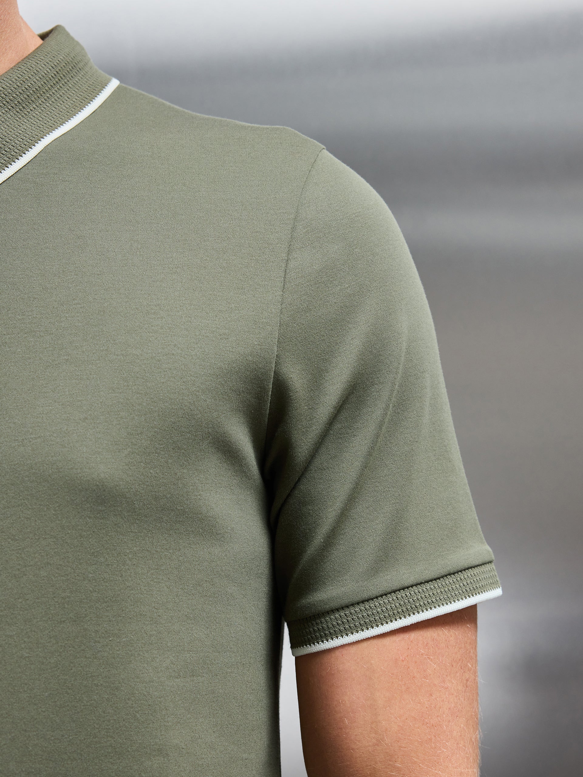 Tipped Mercerised Interlock Zip Polo Shirt in Sage