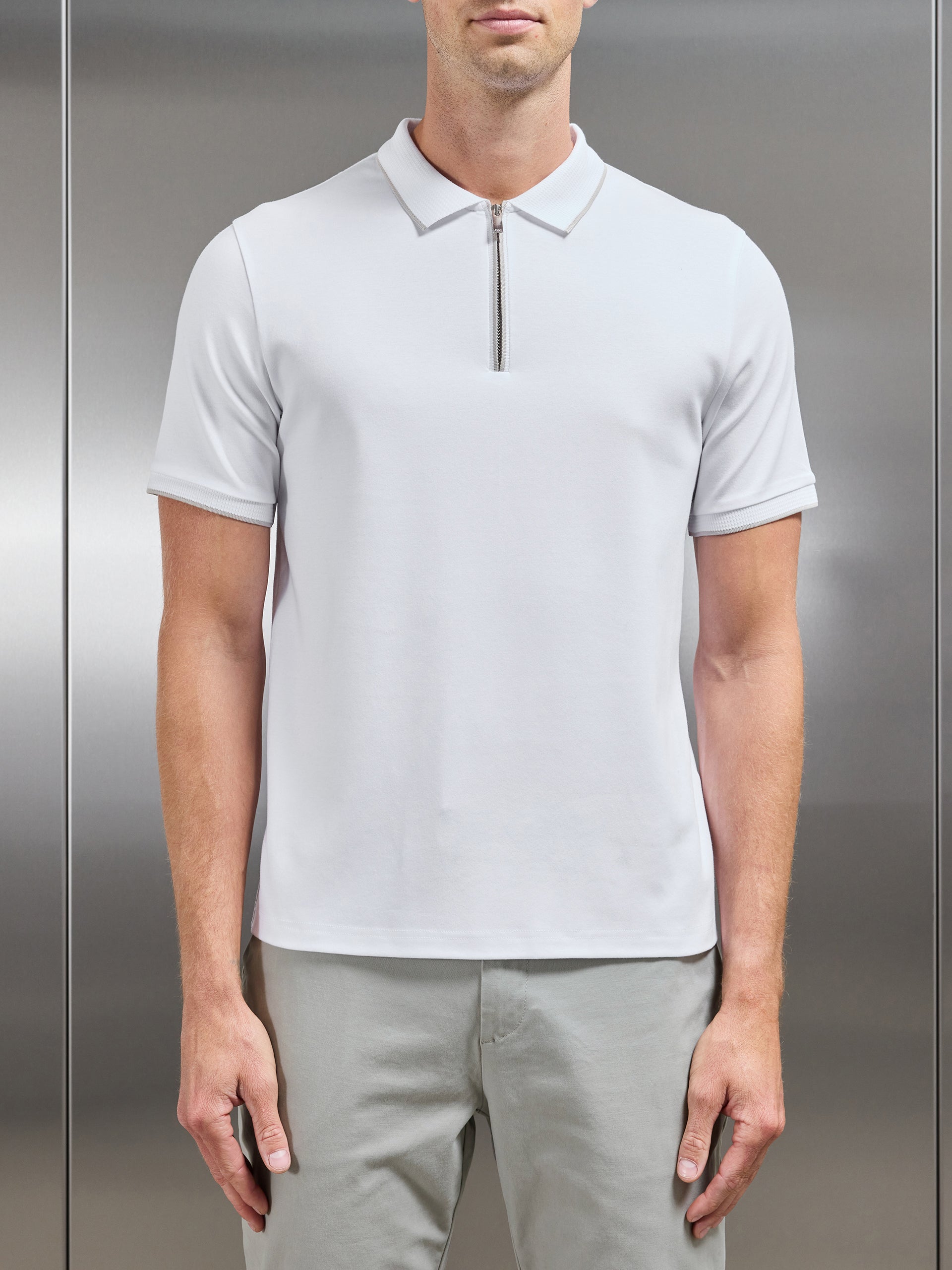 Tipped Mercerised Interlock Zip Polo Shirt in White