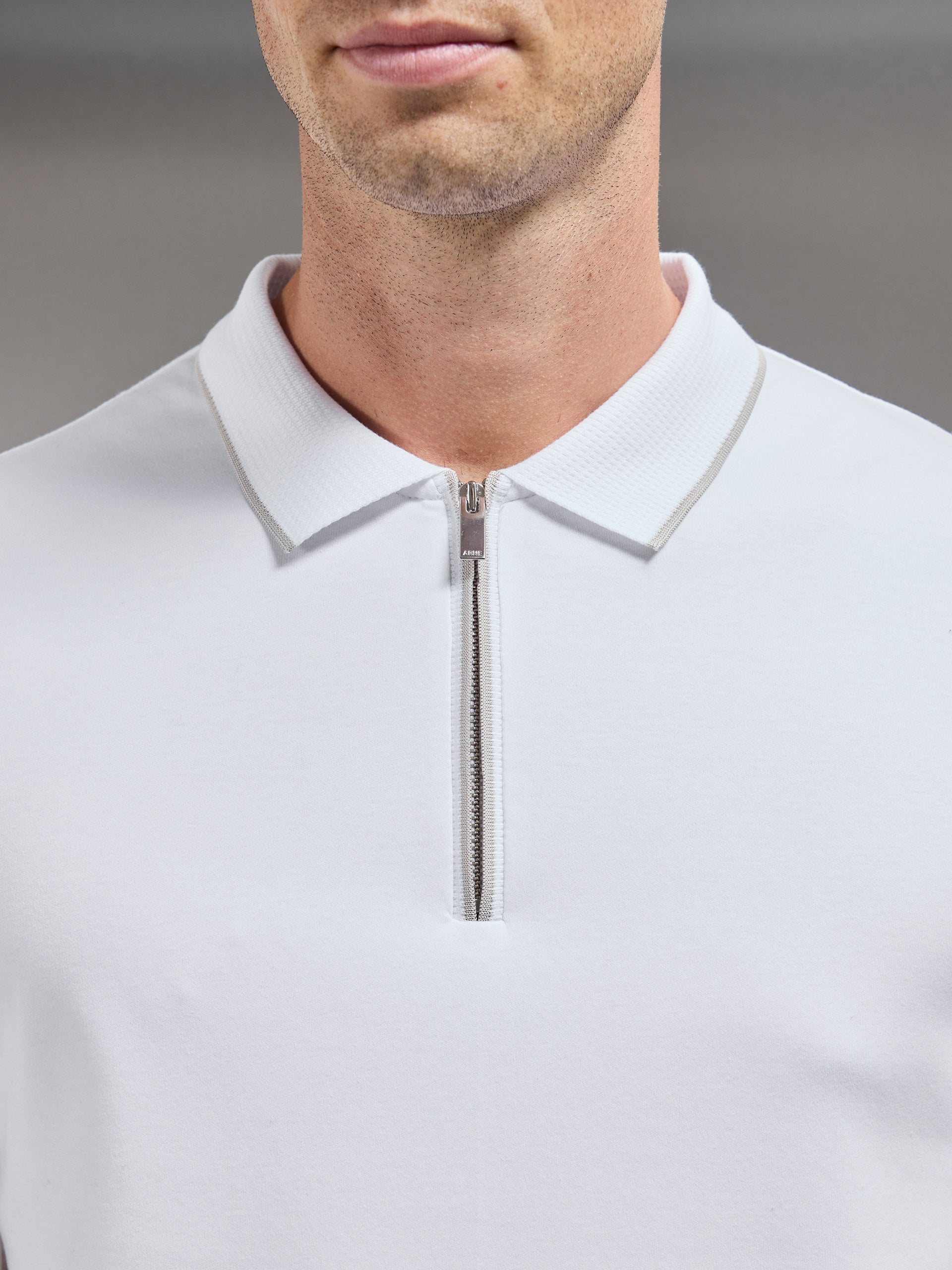 Tipped Mercerised Interlock Zip Polo Shirt in White