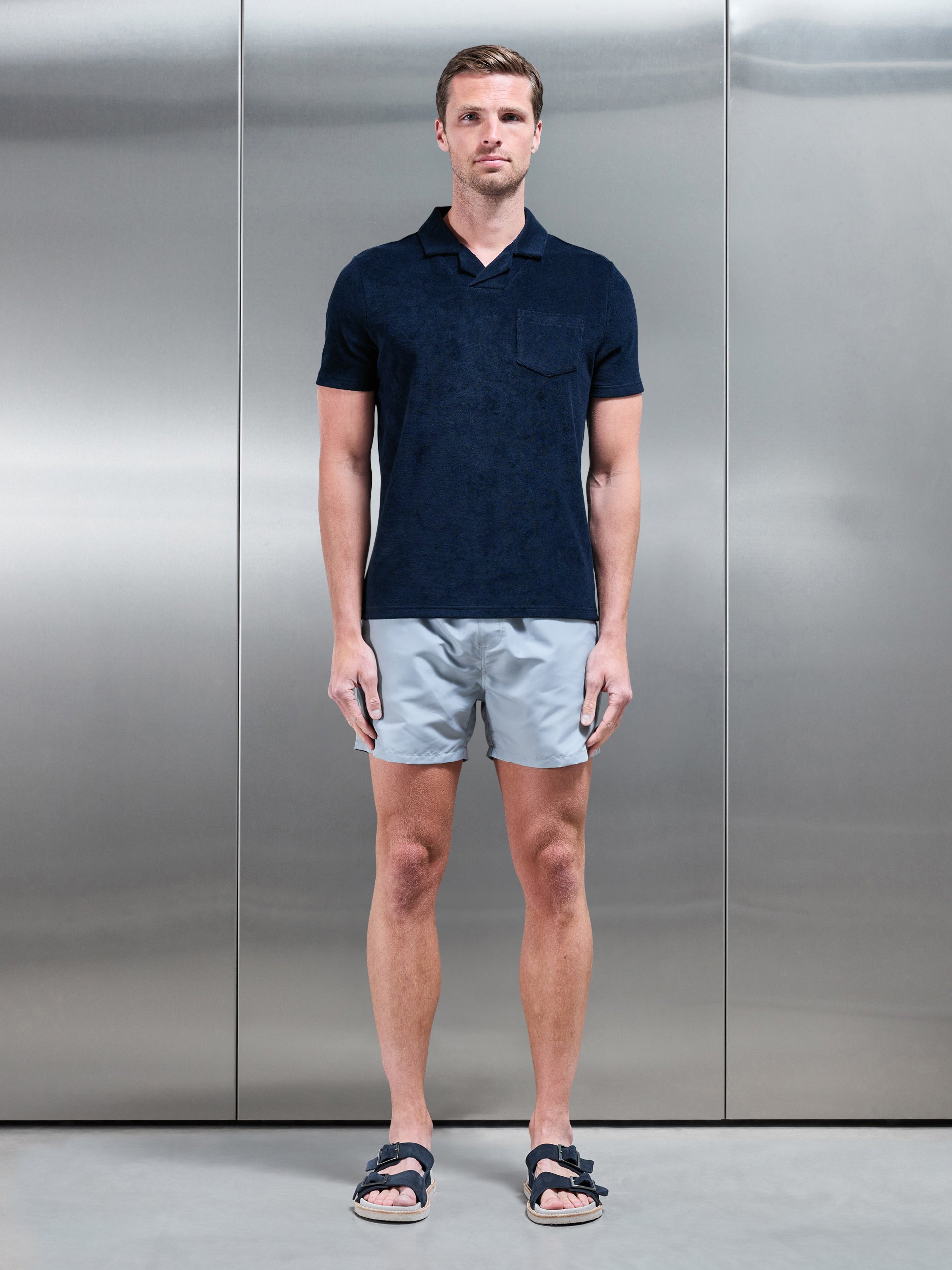 Towelling Revere Collar Polo Shirt in Navy