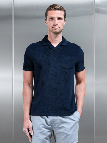 Towelling Revere Collar Polo Shirt in Navy