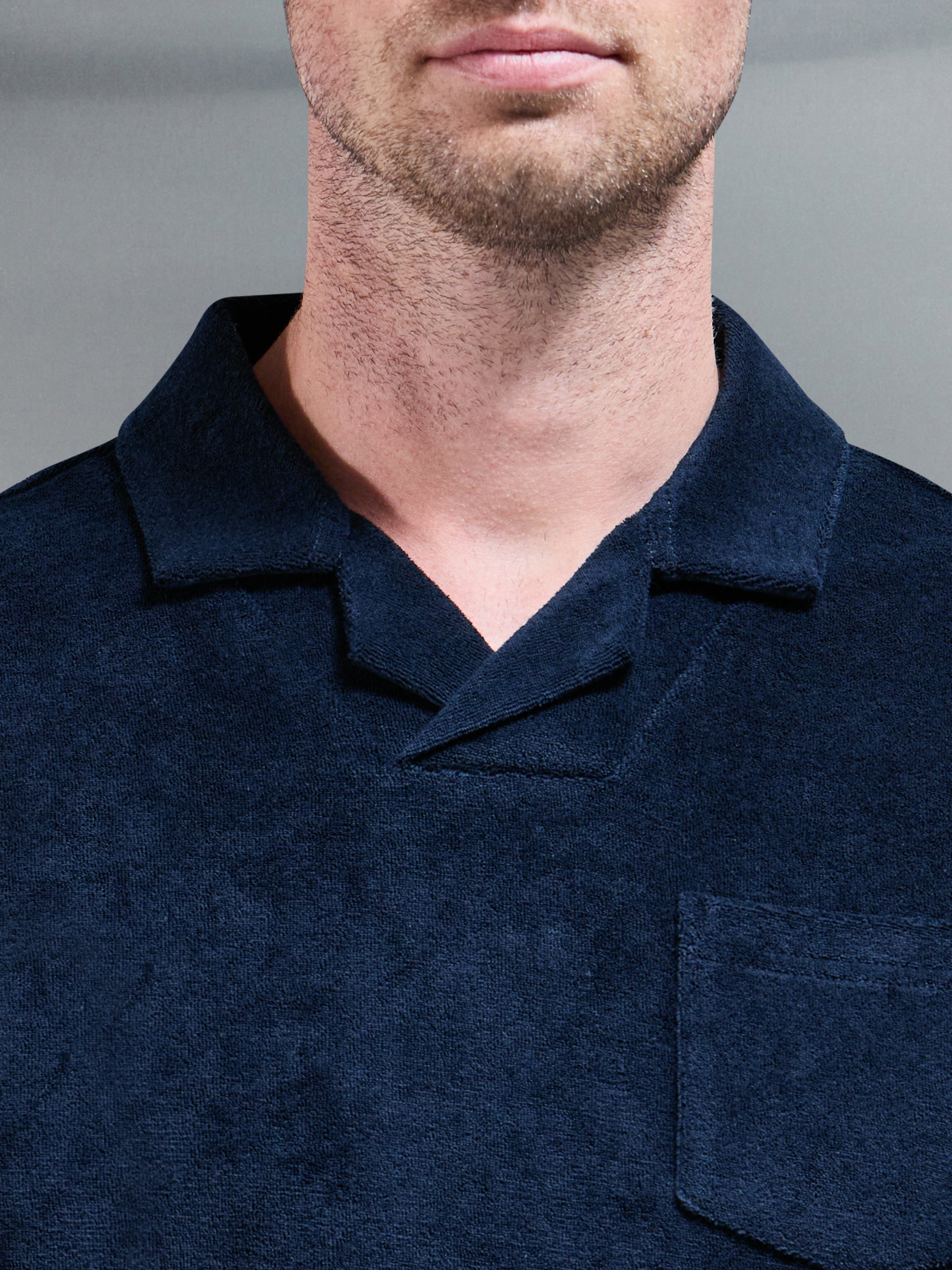 Towelling Revere Collar Polo Shirt in Navy