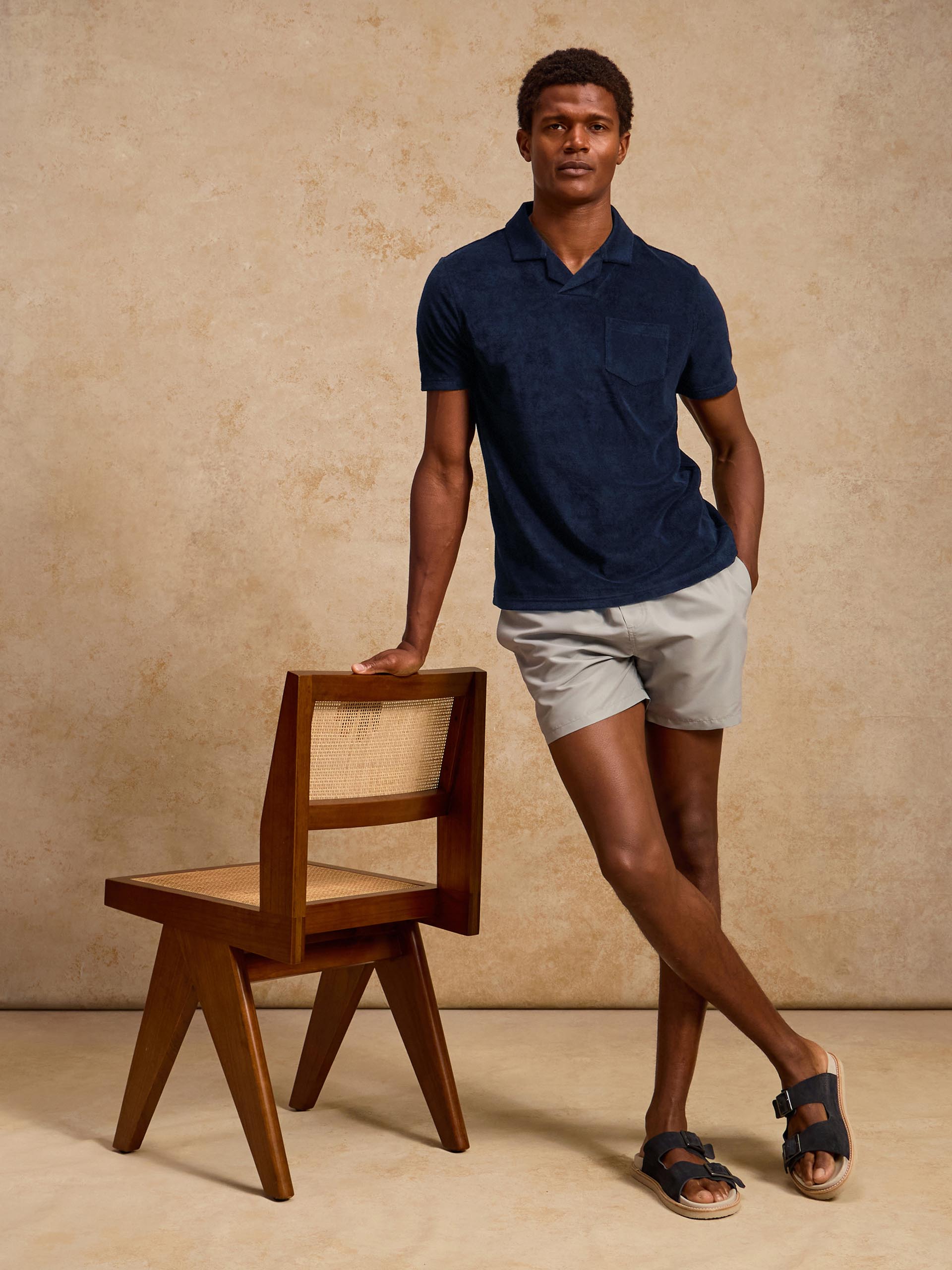 Towelling Revere Collar Polo Shirt in Navy