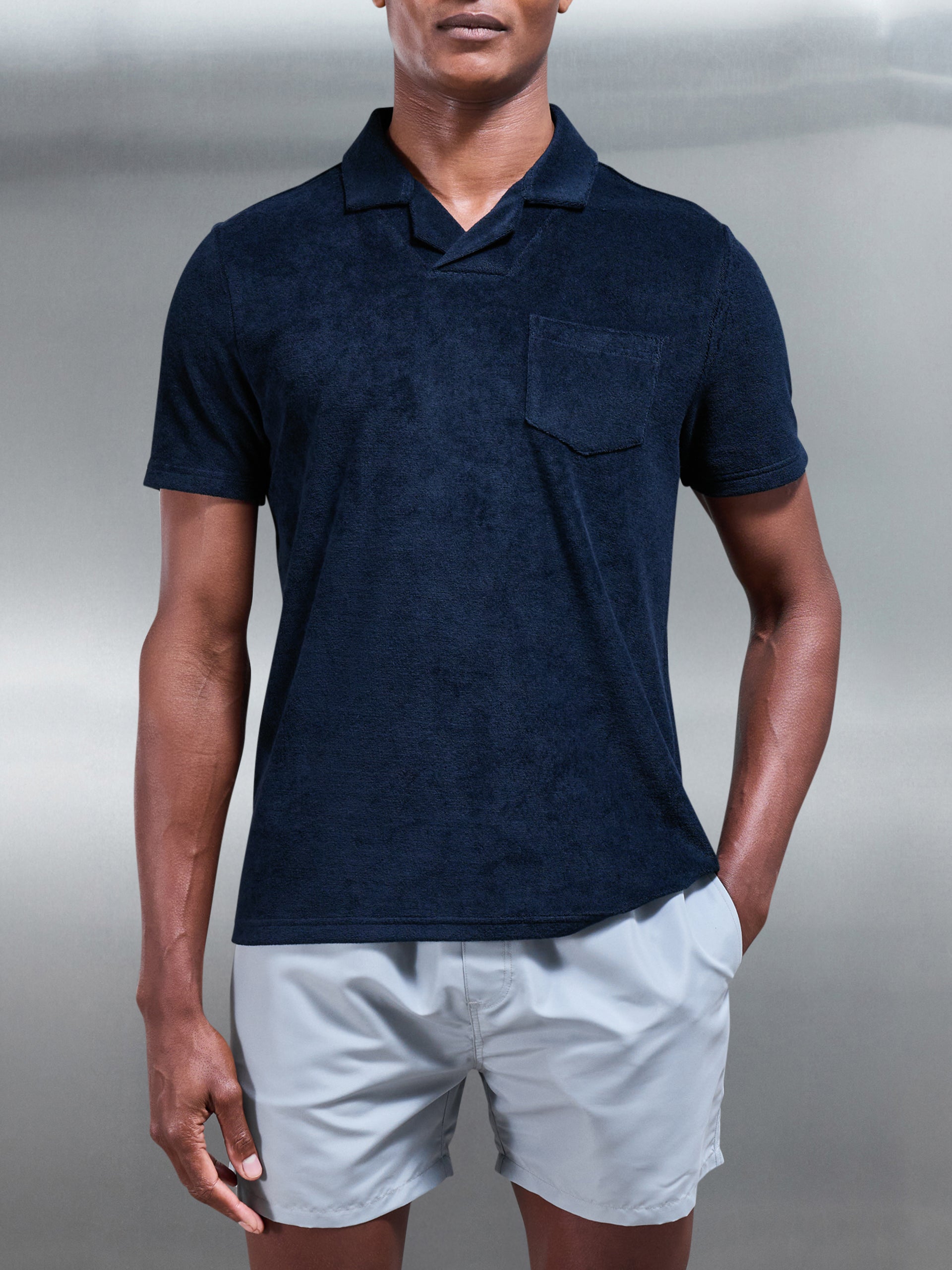 Towelling Revere Collar Polo Shirt in Navy