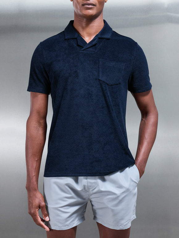 Towelling Revere Collar Polo Shirt in Navy