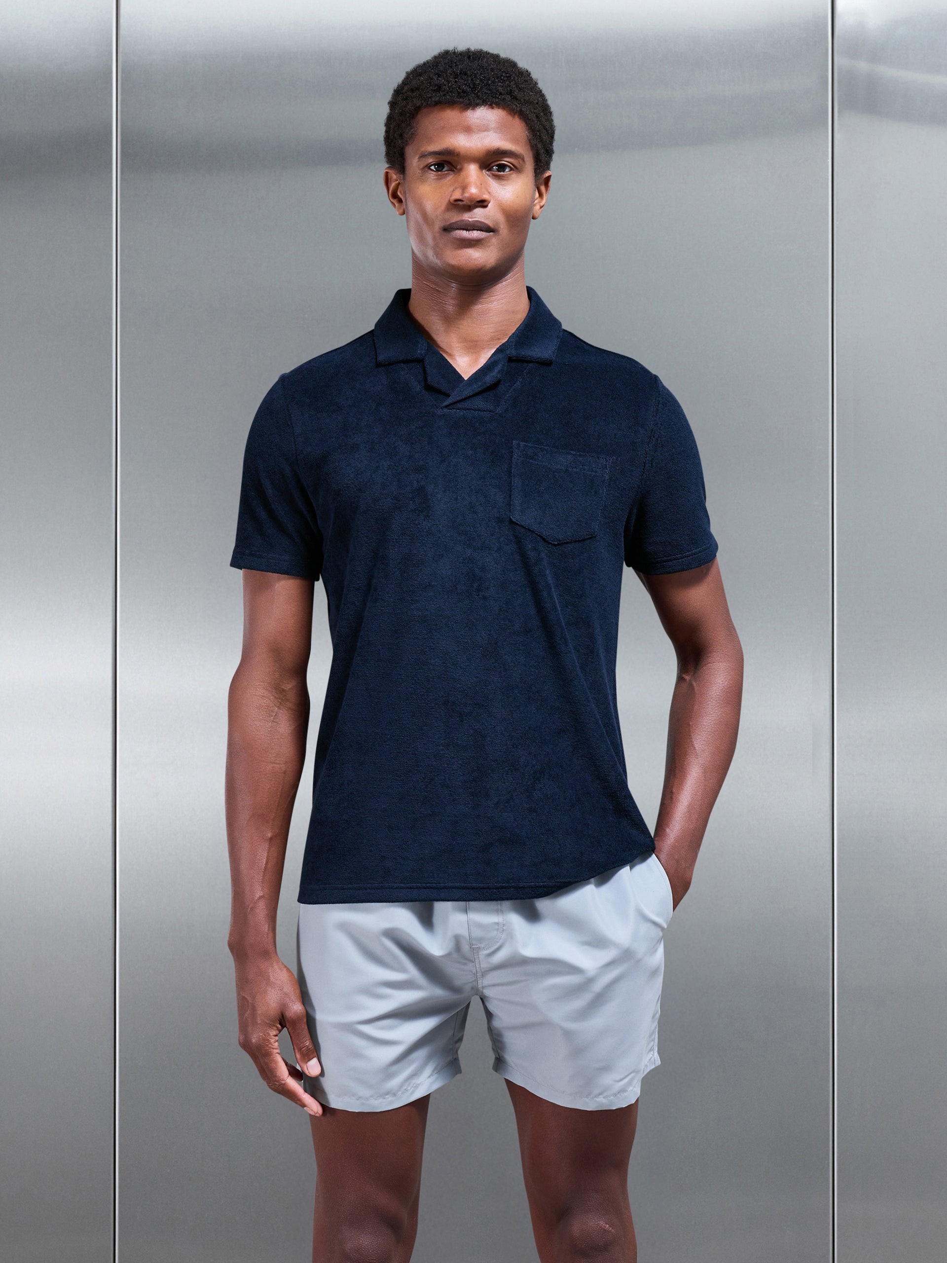 Towelling Revere Collar Polo Shirt in Navy