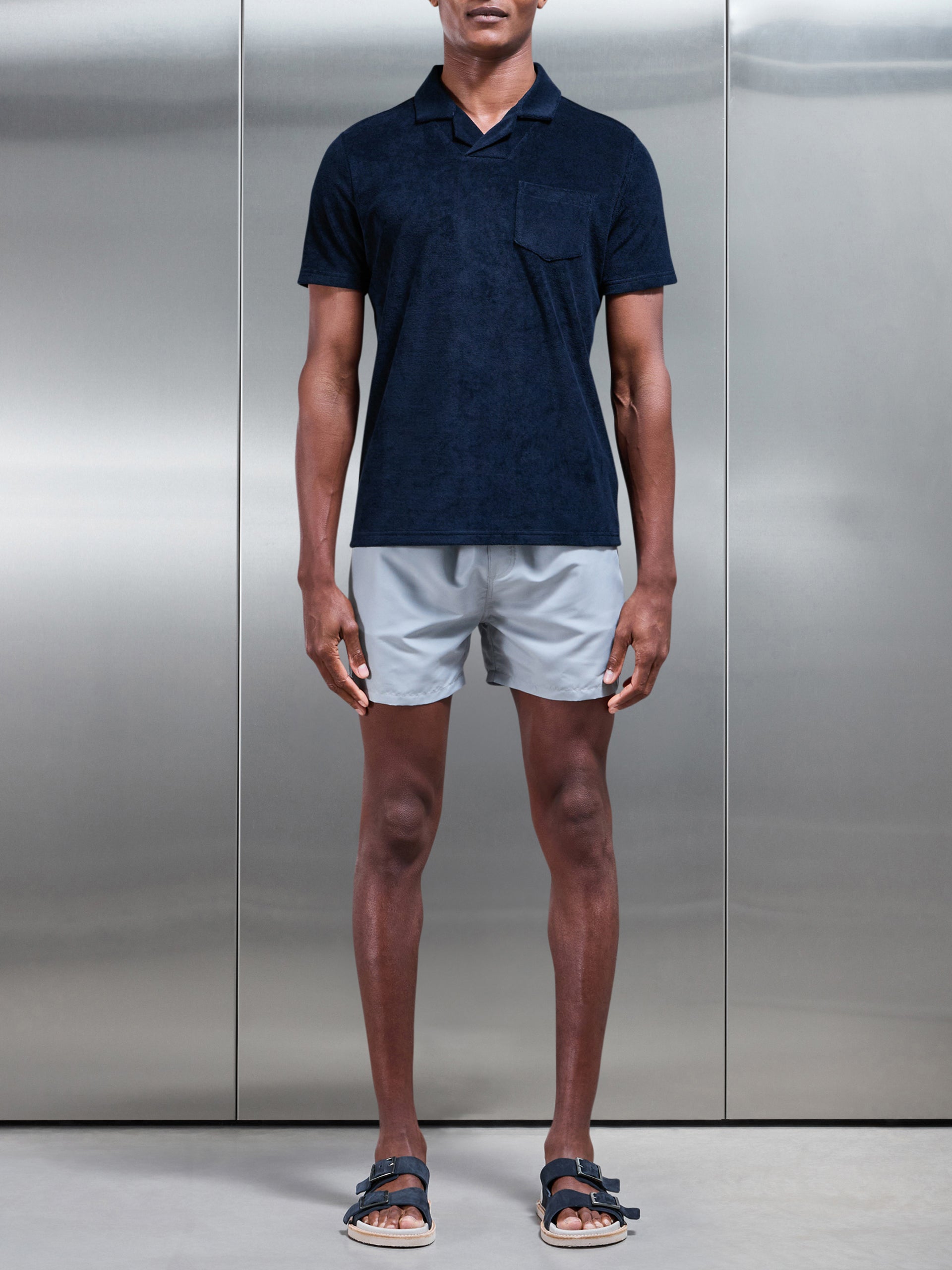 Towelling Revere Collar Polo Shirt in Navy