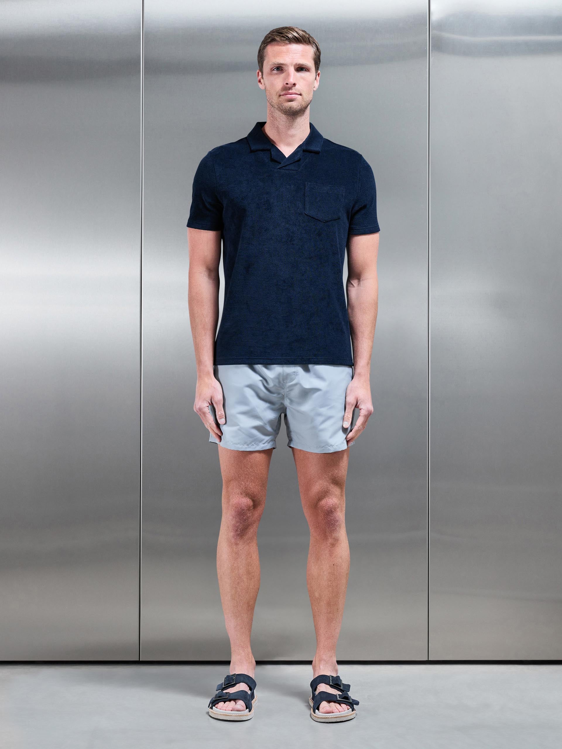 Towelling Revere Collar Polo Shirt in Navy
