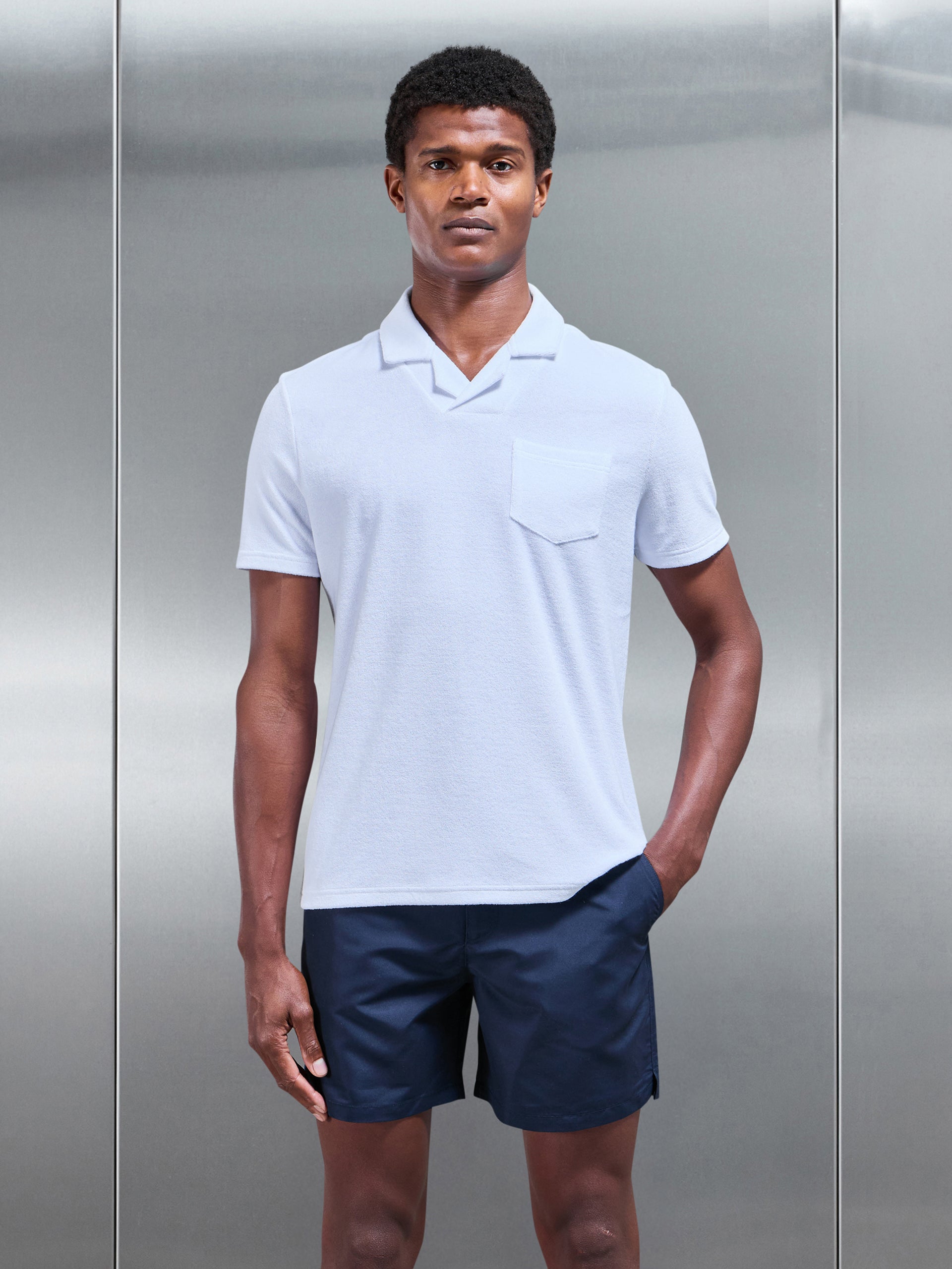 Towelling Revere Collar Polo Shirt in White