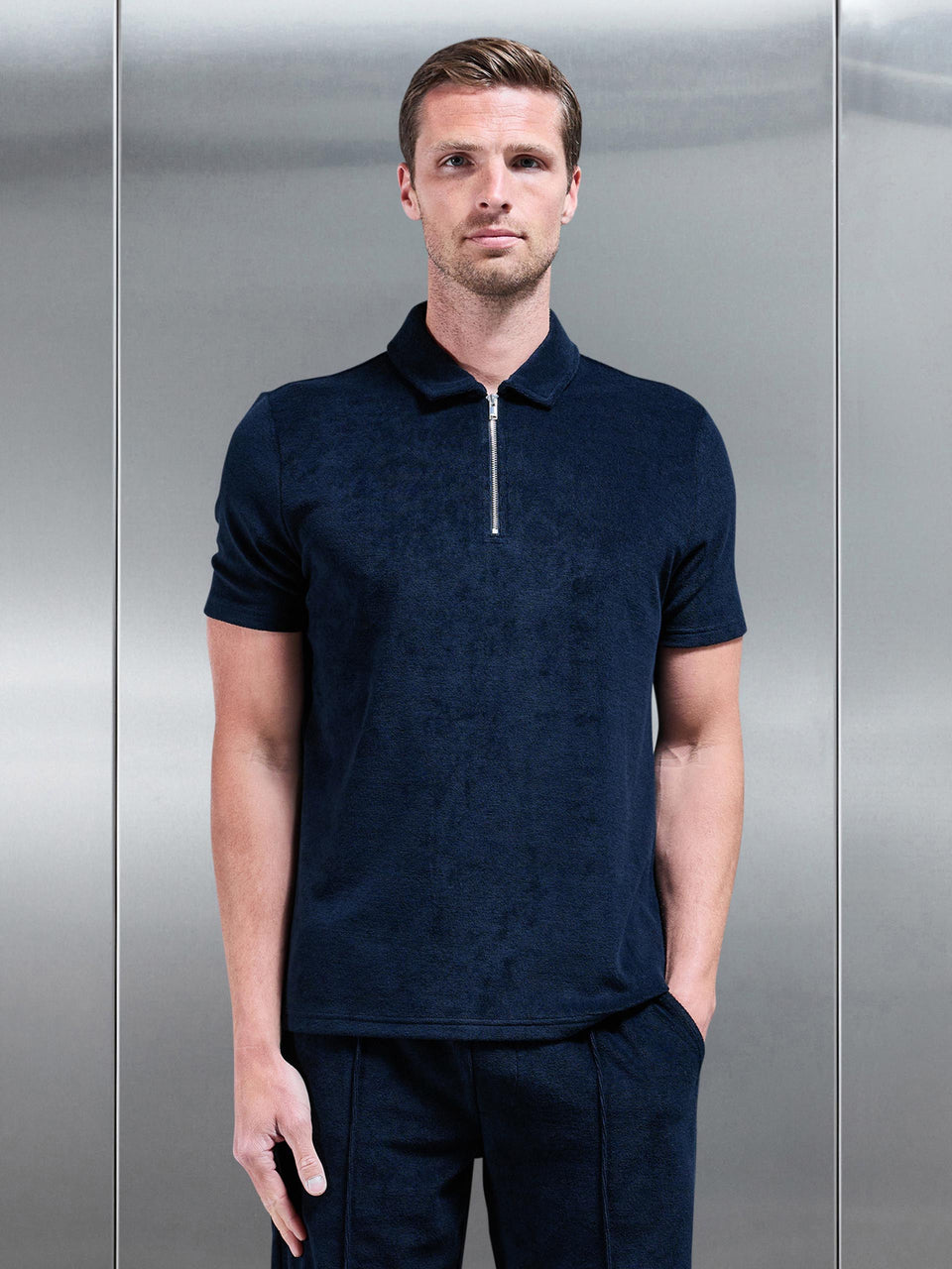 Towelling Zip Polo Shirt in Navy