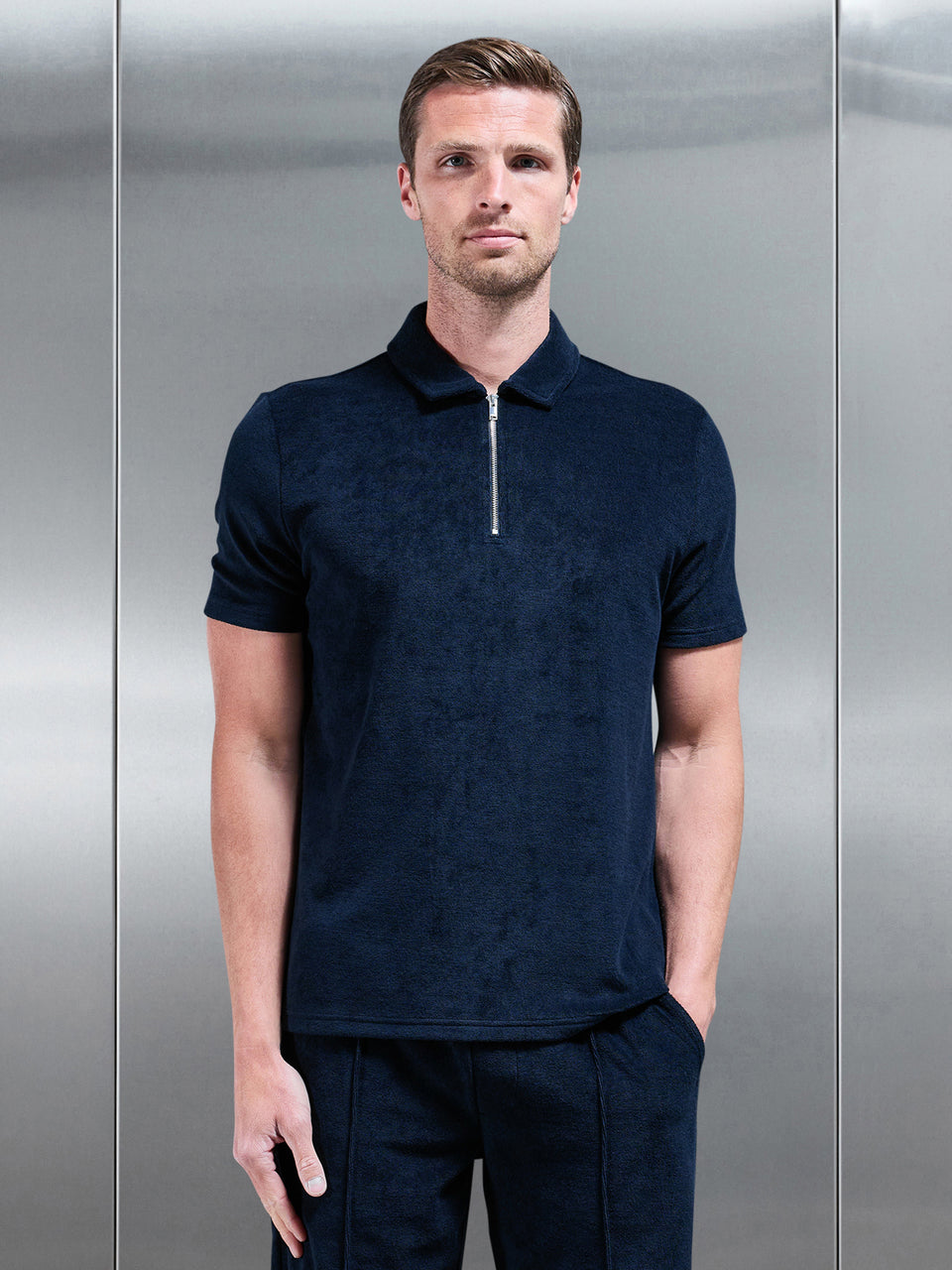Towelling Zip Polo Shirt in Navy