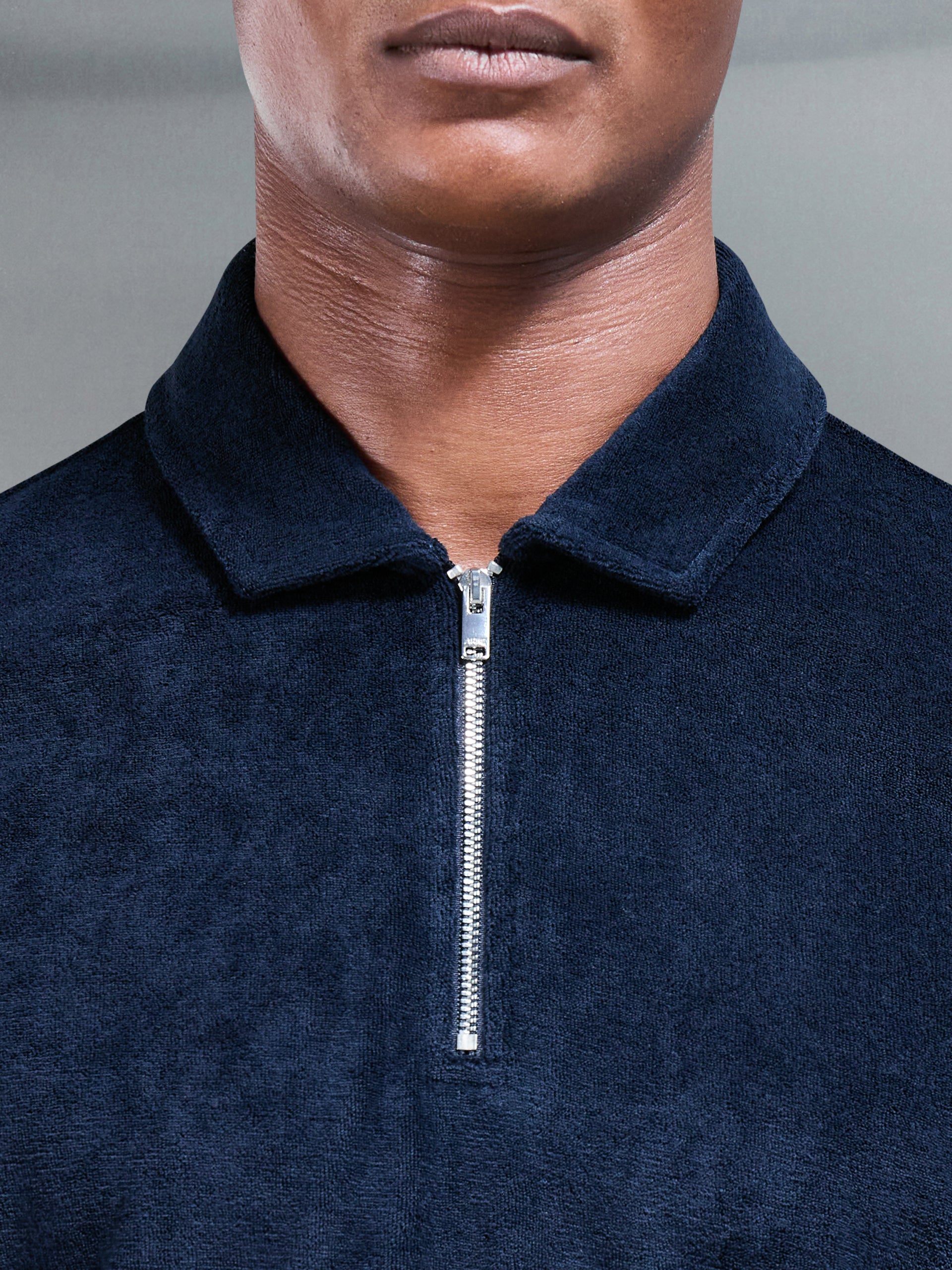 Towelling Zip Polo Shirt in Navy
