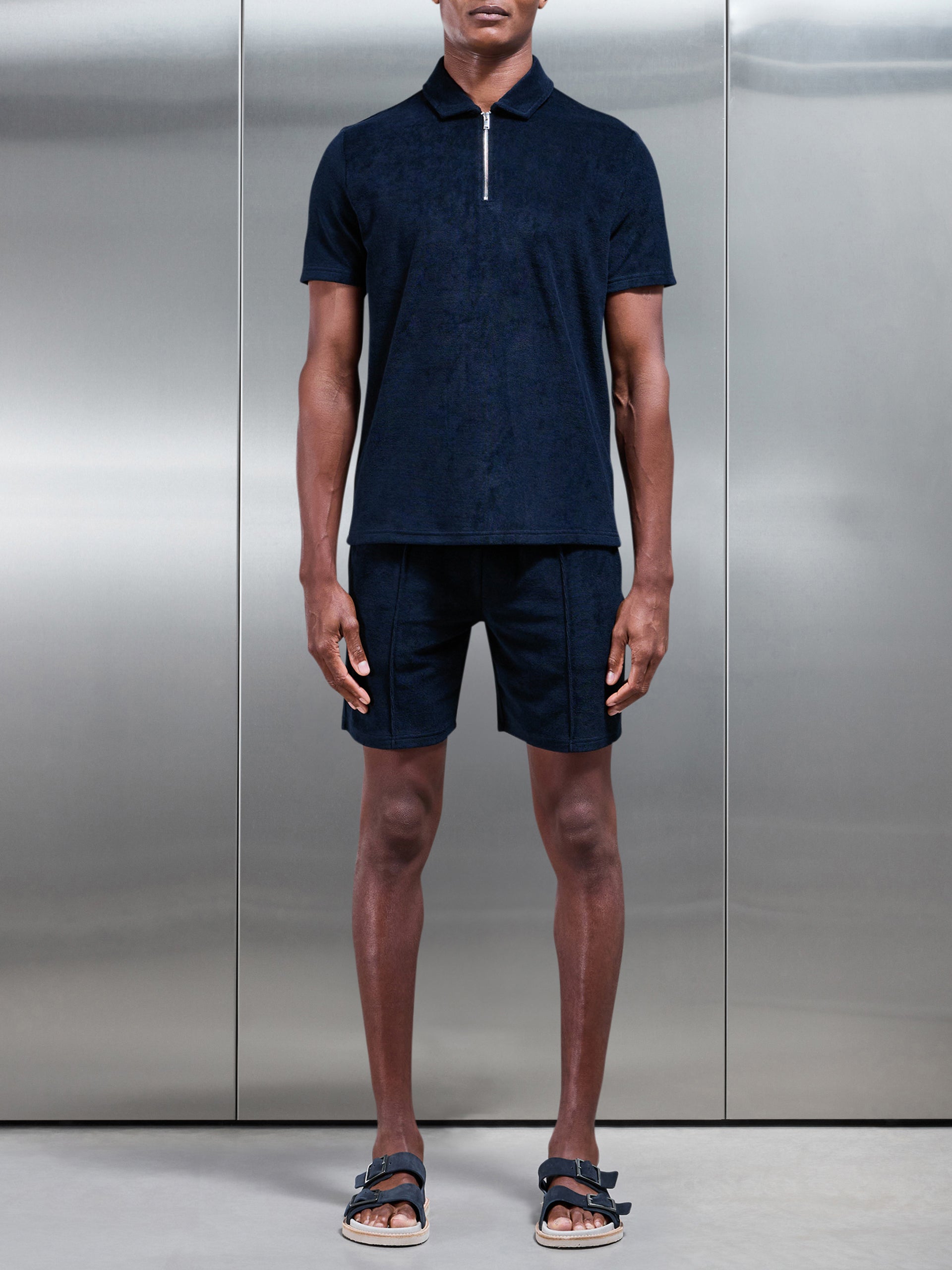 Towelling Zip Polo Shirt in Navy