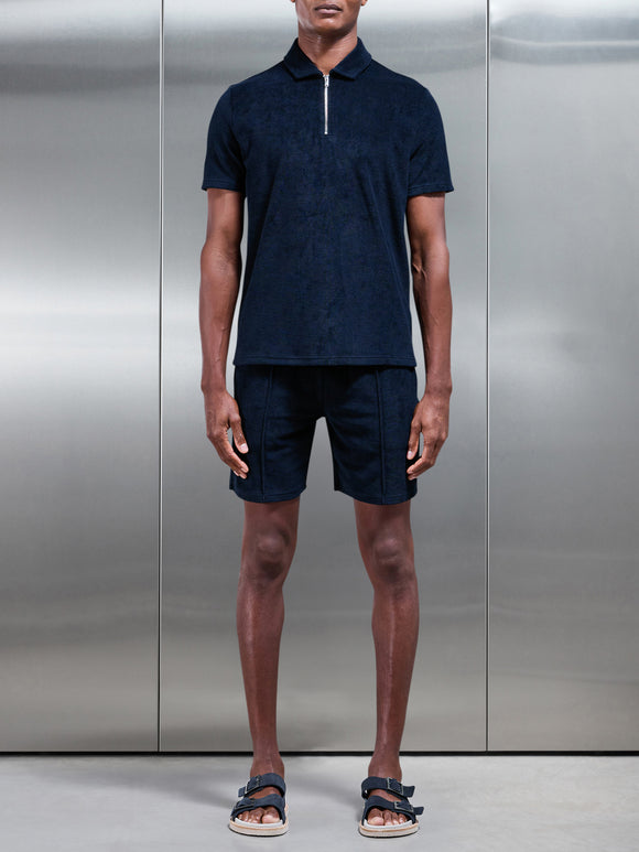 Towelling Zip Polo Shirt in Navy