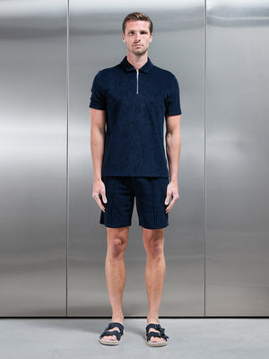 Towelling Zip Polo Shirt in Navy