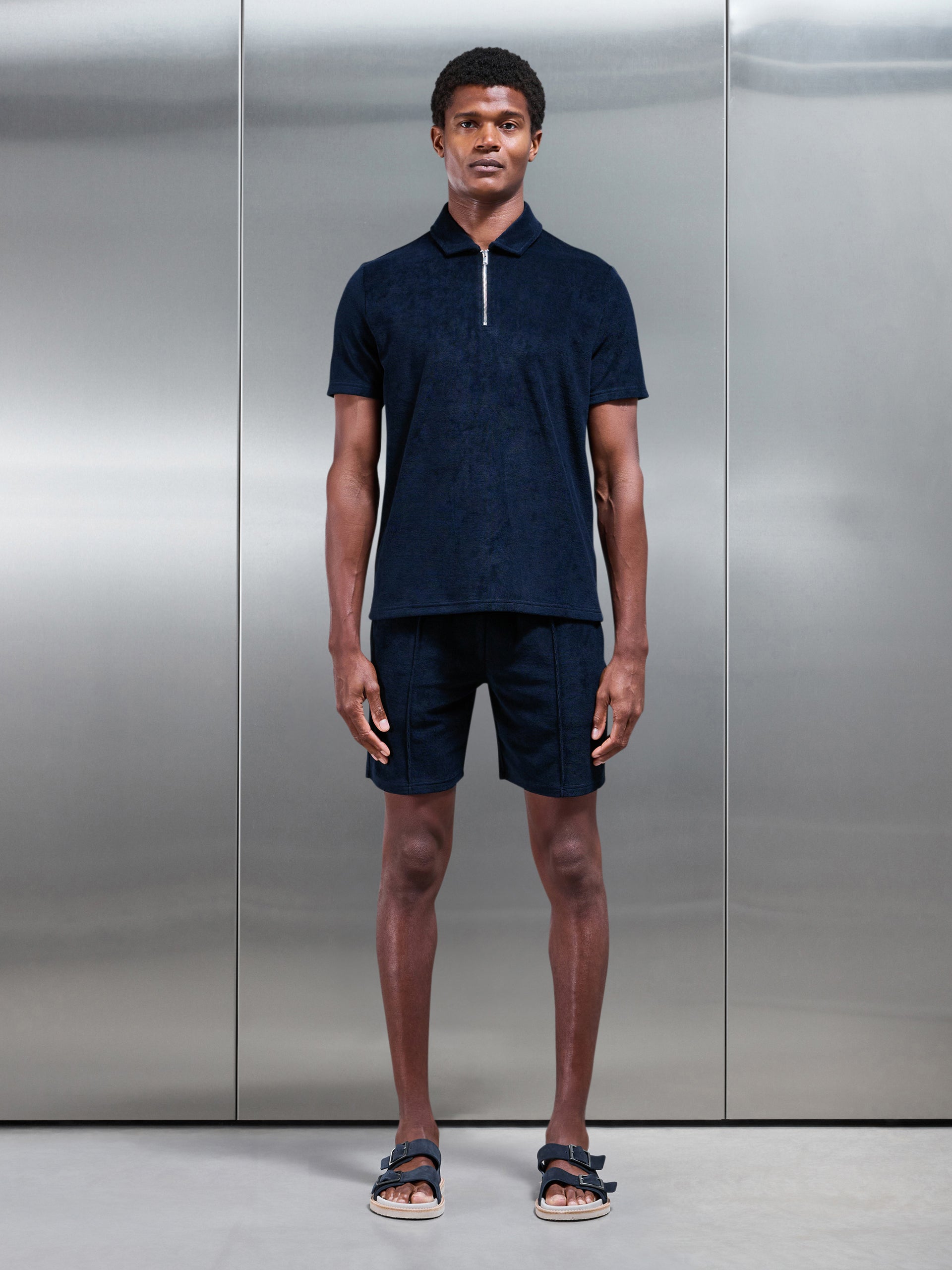 Towelling Zip Polo Shirt in Navy