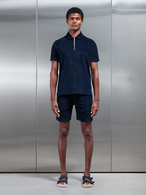 Towelling Zip Polo Shirt in Navy